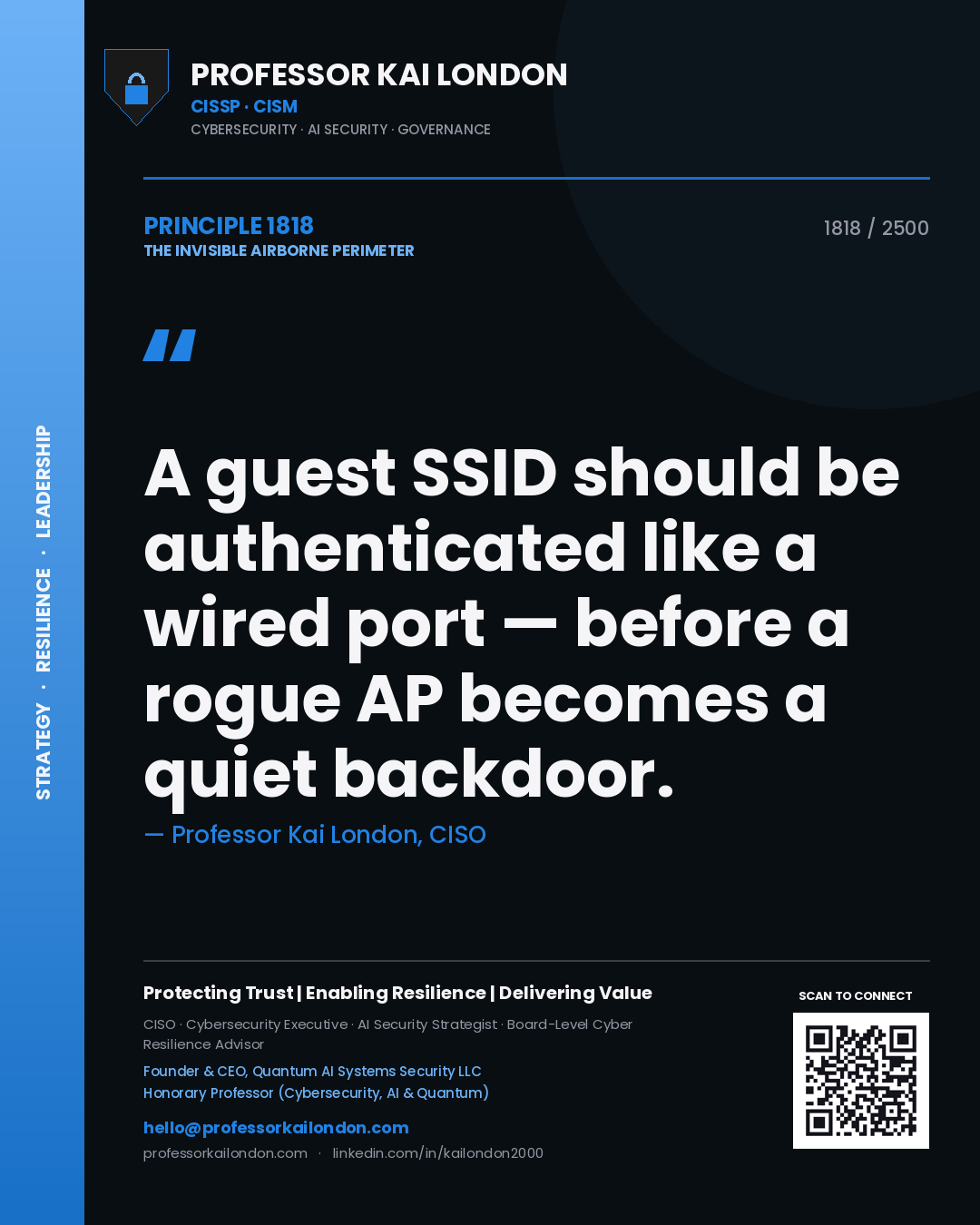 Quote card by Professor Kai London reading 'A guest SSID should be authenticated like a wired port — before a rogue AP becomes a quiet backdoor.'. From the book The Invisible Airborne Perimeter.