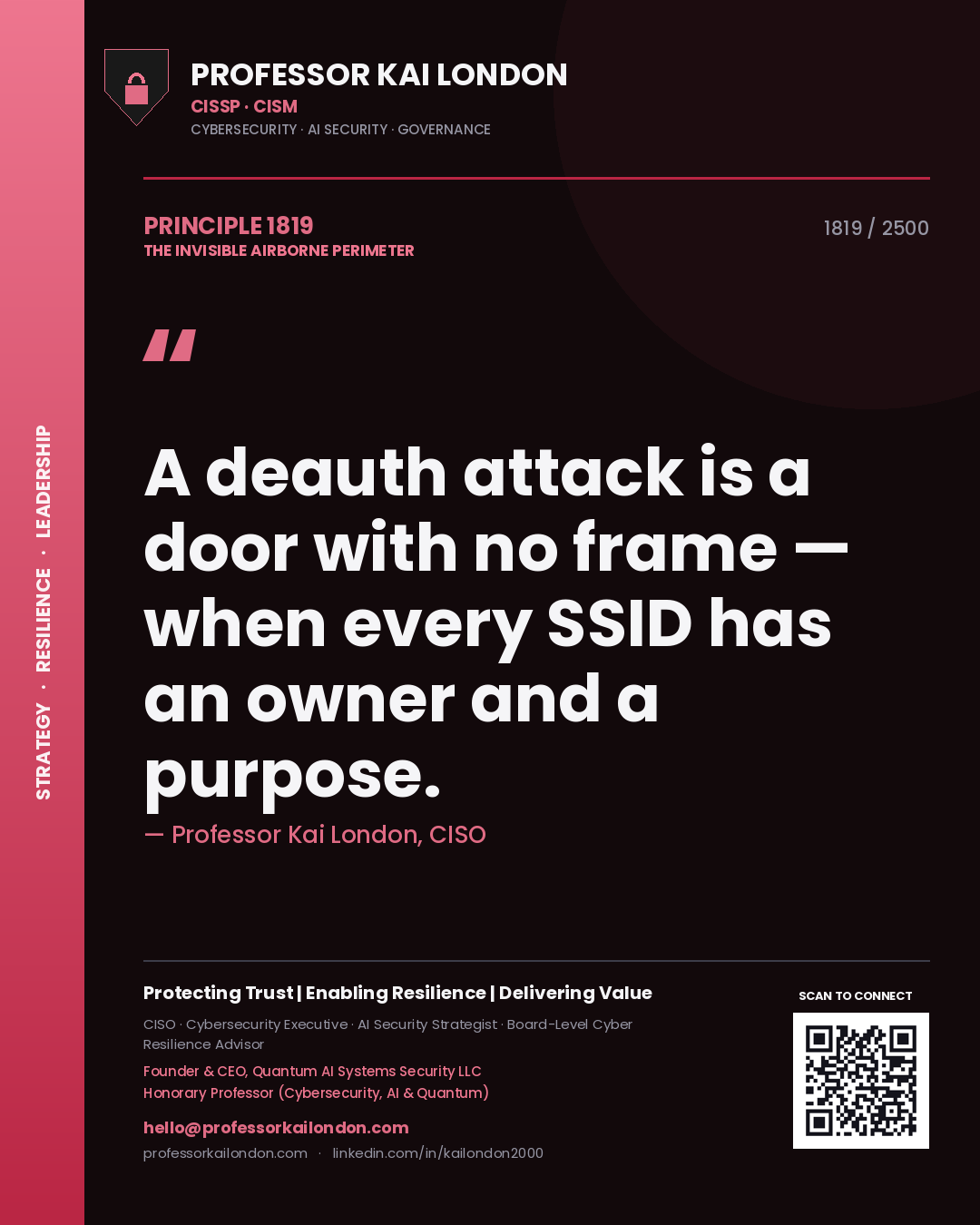 Quote card by Professor Kai London reading 'A deauth attack is a door with no frame — when every SSID has an owner and a purpose.'. From the book The Invisible Airborne Perimeter.