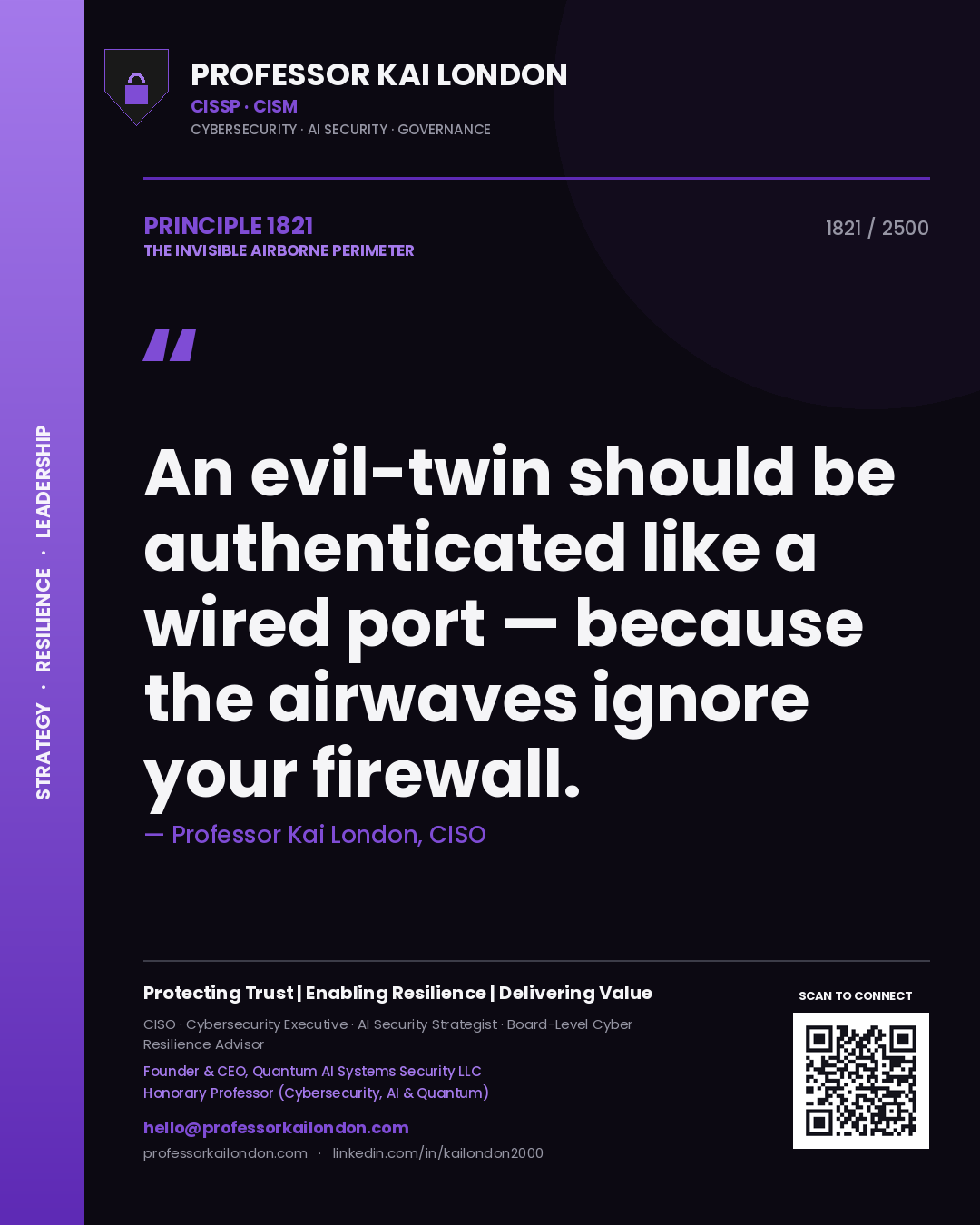 Quote card by Professor Kai London reading 'An evil-twin should be authenticated like a wired port — because the airwaves ignore your firewall.'. From the book The Invisible Airborne Perimeter.