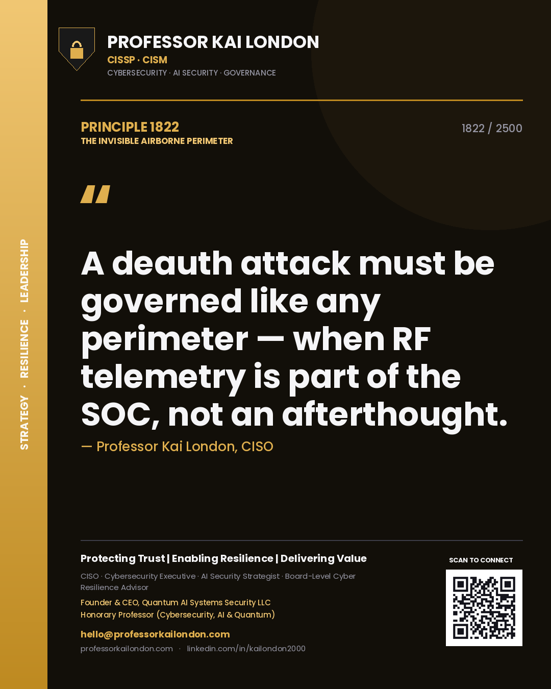 Quote card by Professor Kai London reading 'A deauth attack must be governed like any perimeter — when RF telemetry is part of the SOC, not an afterthought.'. From the book The Invisible Airborne Perimeter.