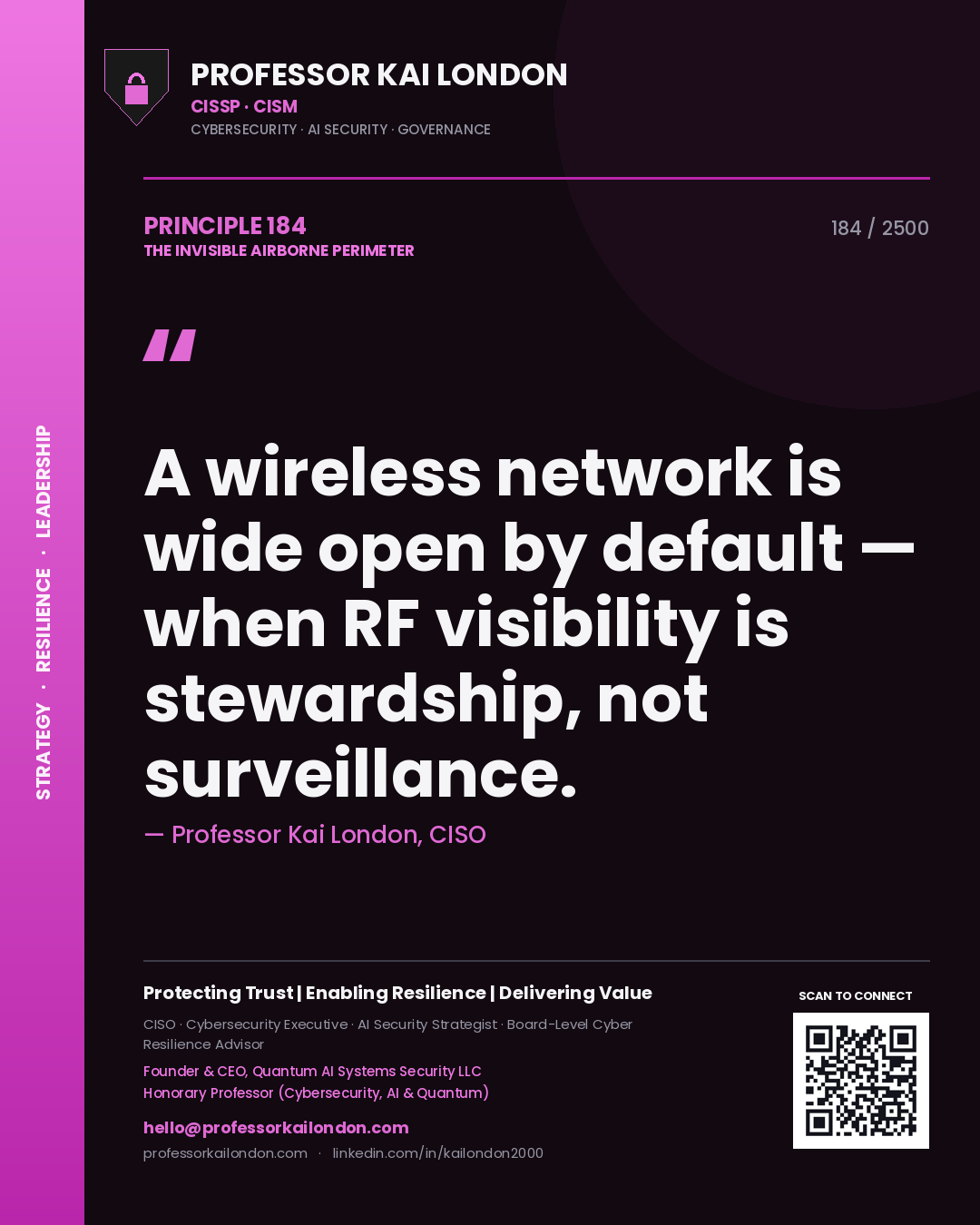 Professor Kai London principle 184: A wireless network is wide open by default — when RF visibility is stewardship, not surveillance.