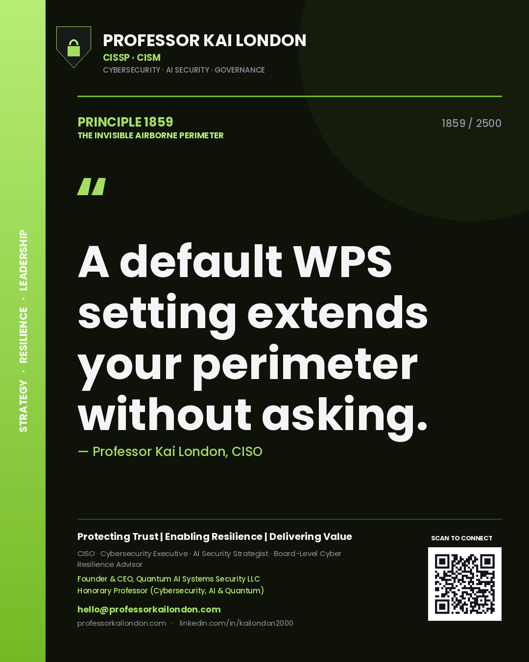 Quote card by Professor Kai London reading 'A default WPS setting extends your perimeter without asking.'. From the book The Invisible Airborne Perimeter.