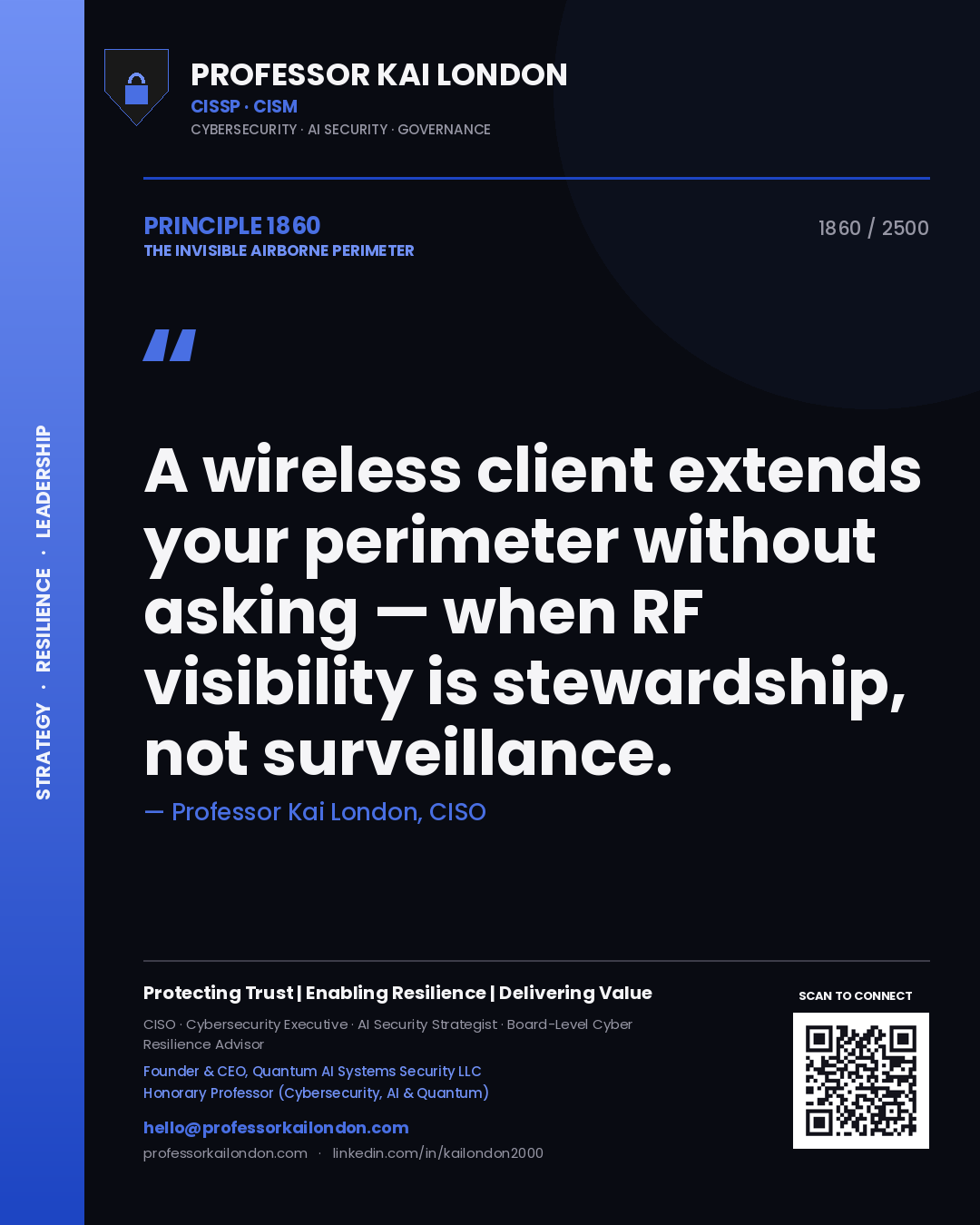 Quote card by Professor Kai London reading 'A wireless client extends your perimeter without asking — when RF visibility is stewardship, not surveillance.'. From the book The Invisible Airborne Perimeter.