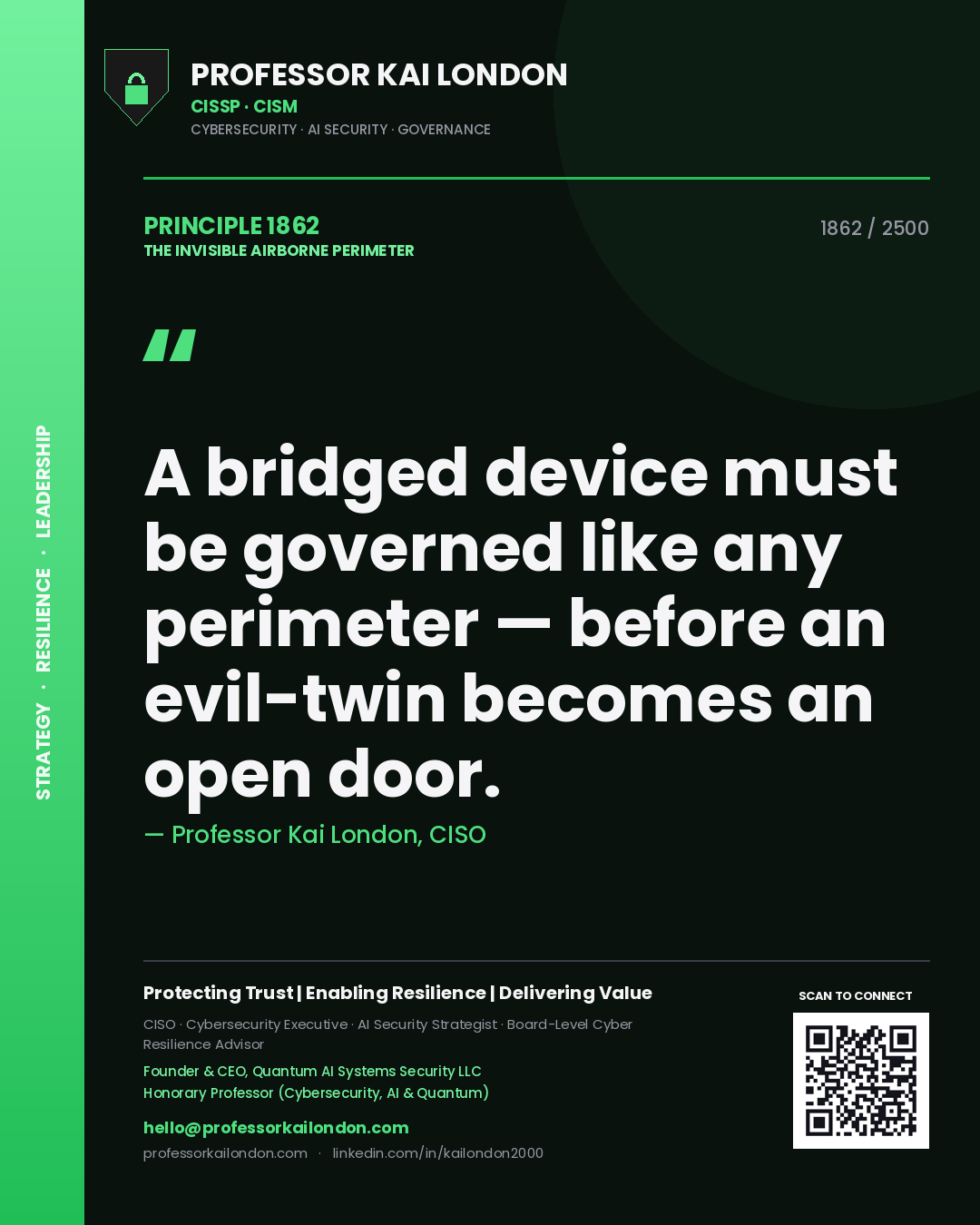 Quote card by Professor Kai London reading 'A bridged device must be governed like any perimeter — before an evil-twin becomes an open door.'. From the book The Invisible Airborne Perimeter.