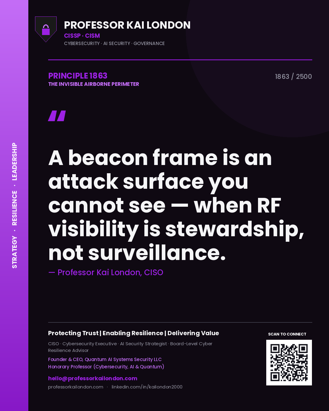 Quote card by Professor Kai London reading 'A beacon frame is an attack surface you cannot see — when RF visibility is stewardship, not surveillance.'. From the book The Invisible Airborne Perimeter.