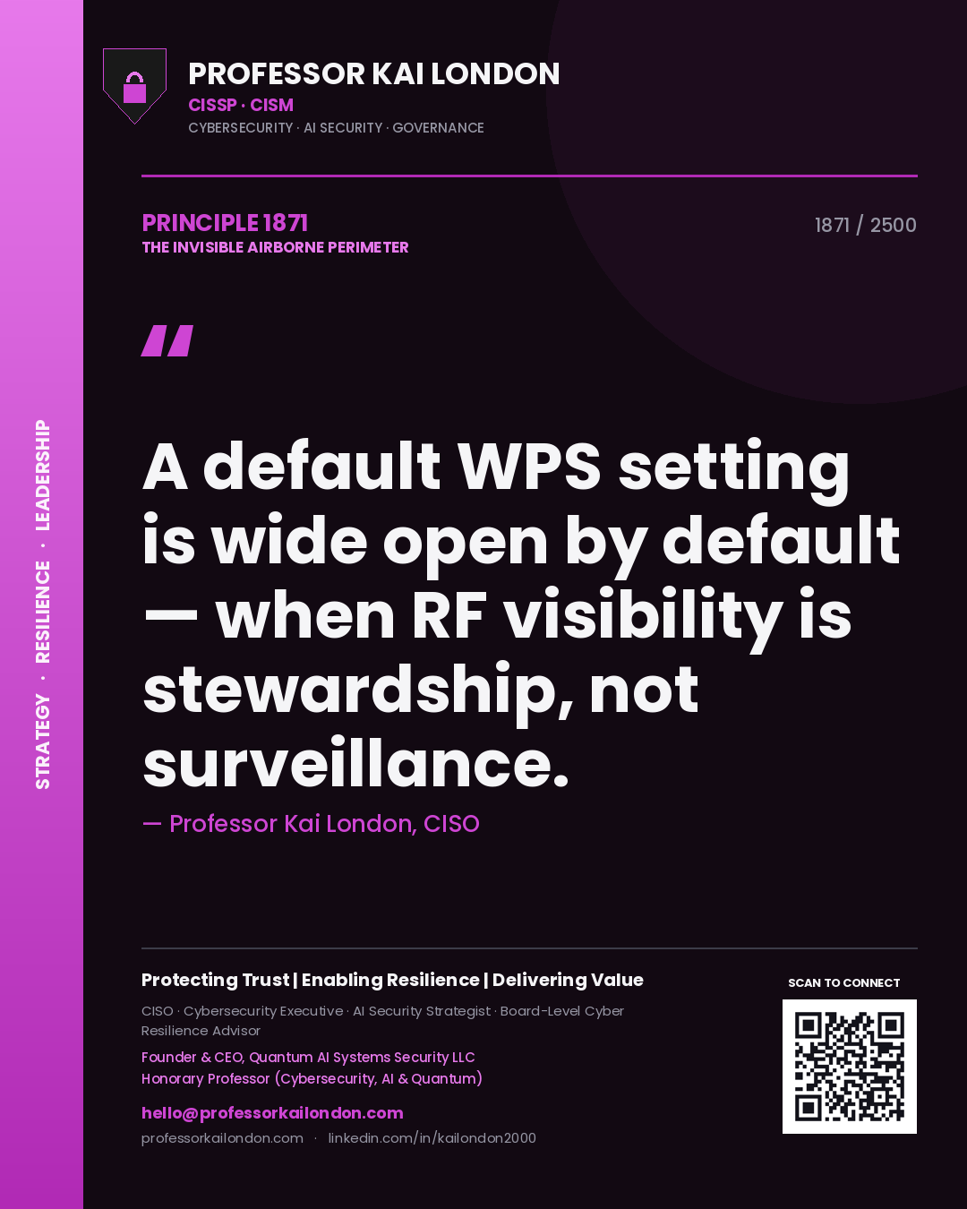 Quote card by Professor Kai London reading 'A default WPS setting is wide open by default — when RF visibility is stewardship, not surveillance.'. From the book The Invisible Airborne Perimeter.