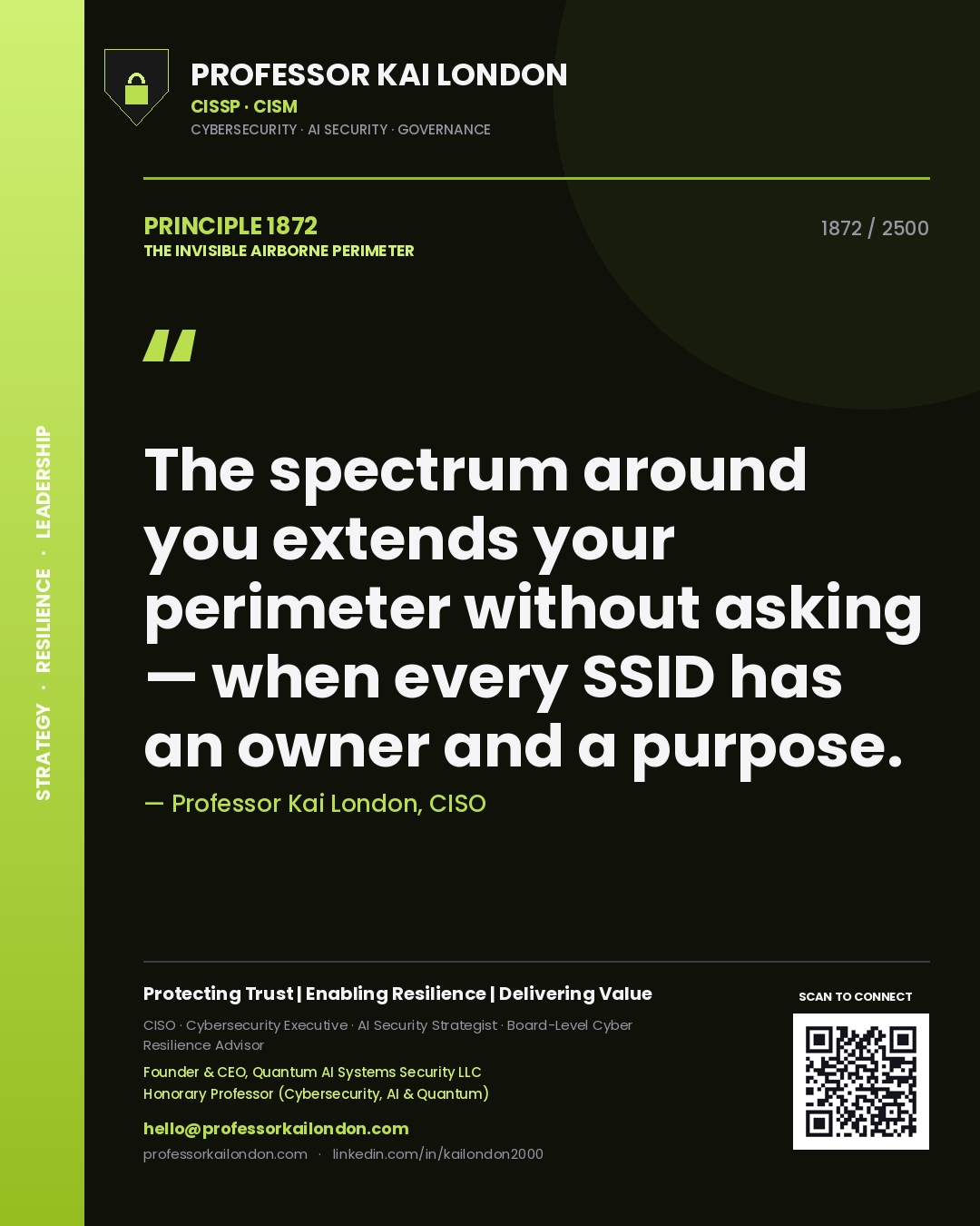 Quote card by Professor Kai London reading 'The spectrum around you extends your perimeter without asking — when every SSID has an owner and a purpose.'. From the book The Invisible Airborne Perimeter.