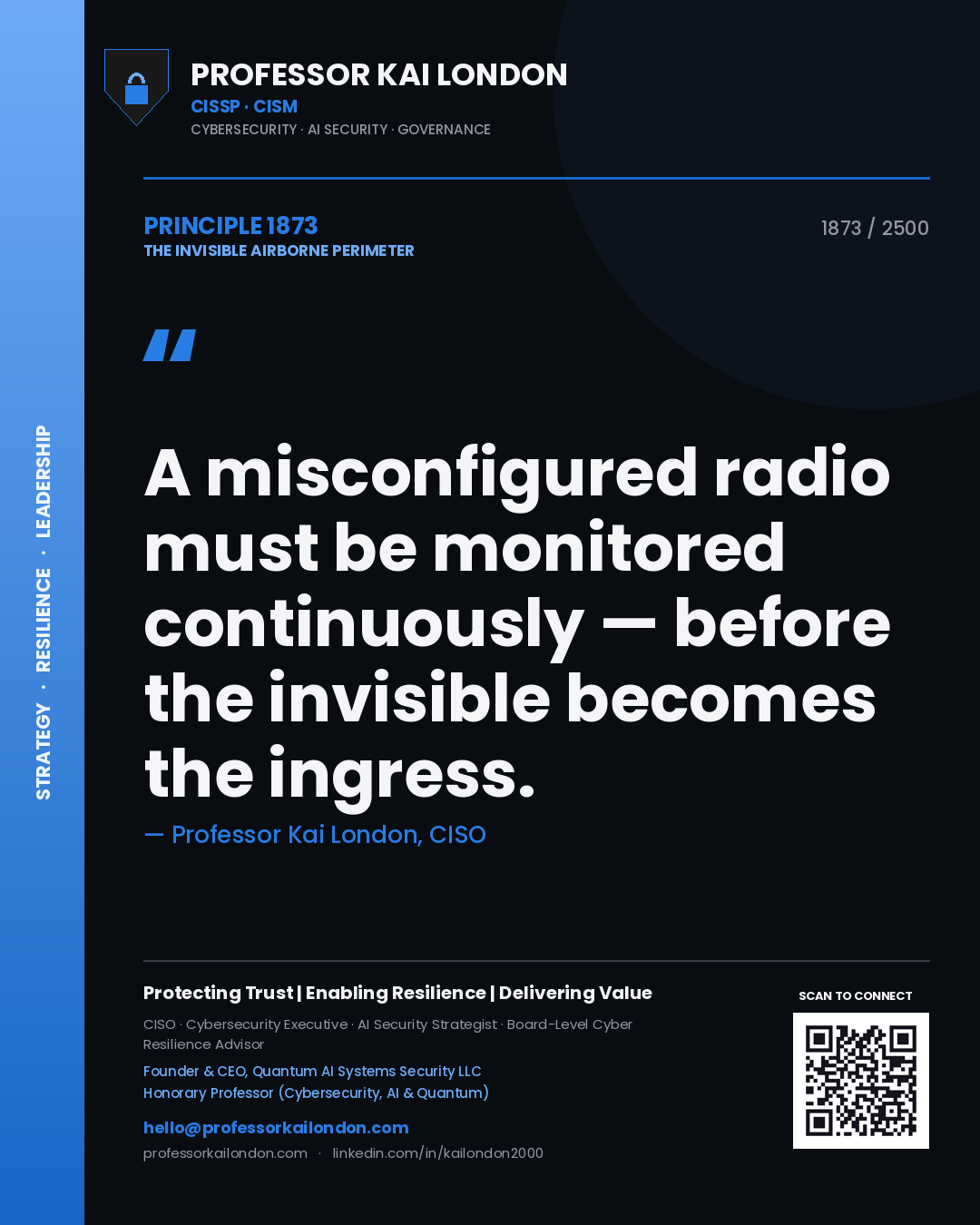 Quote card by Professor Kai London reading 'A misconfigured radio must be monitored continuously — before the invisible becomes the ingress.'. From the book The Invisible Airborne Perimeter.