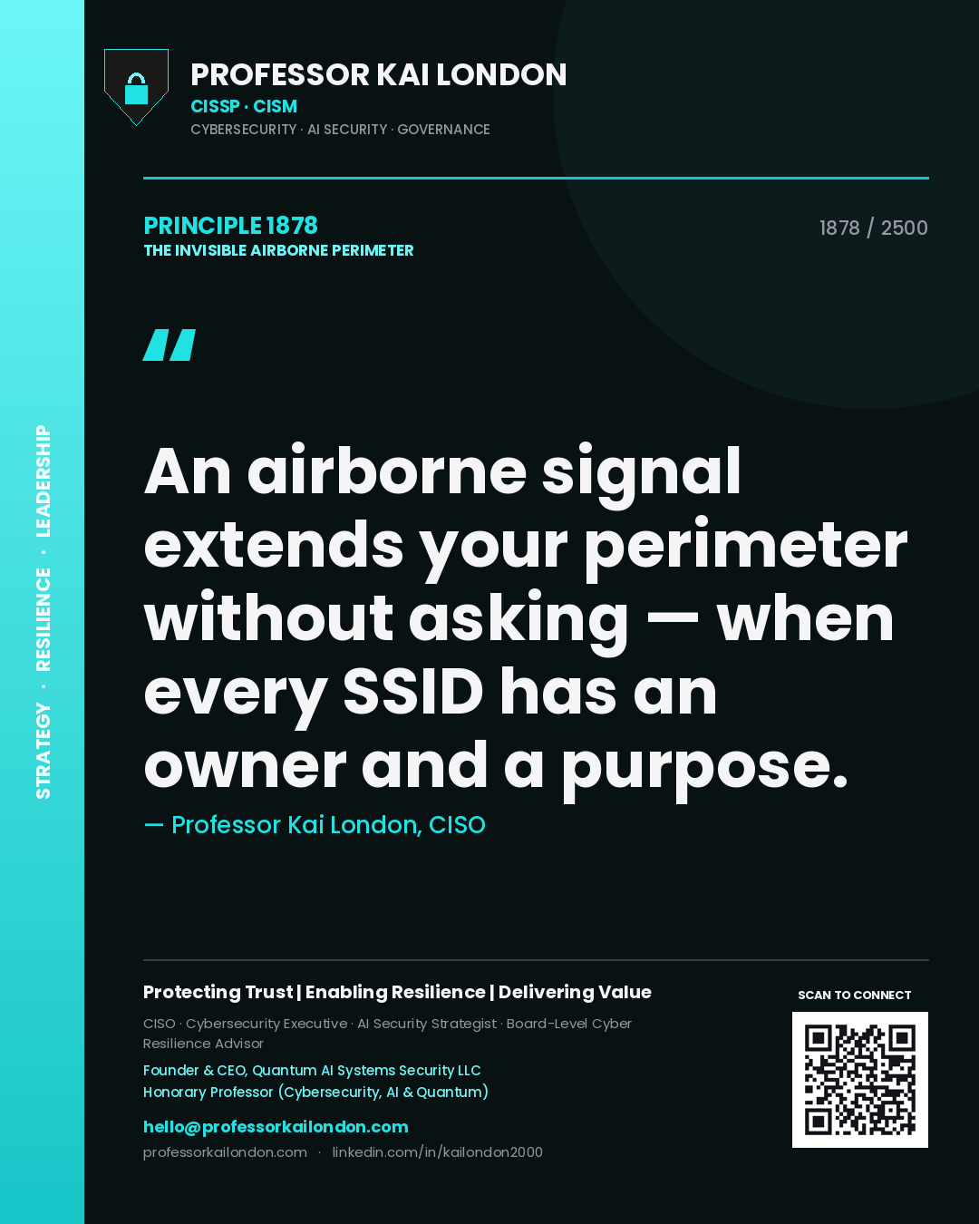 Quote card by Professor Kai London reading 'An airborne signal extends your perimeter without asking — when every SSID has an owner and a purpose.'. From the book The Invisible Airborne Perimeter.