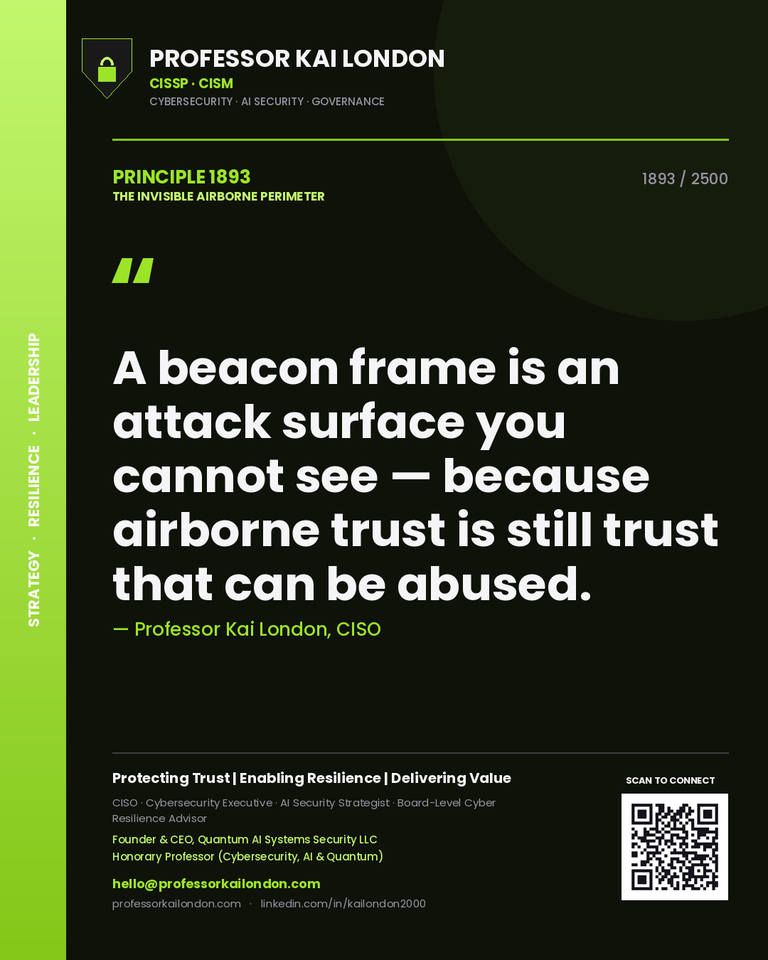 Quote card by Professor Kai London reading 'A beacon frame is an attack surface you cannot see — because airborne trust is still trust that can be abused.'. From the book The Invisible Airborne Perimeter.