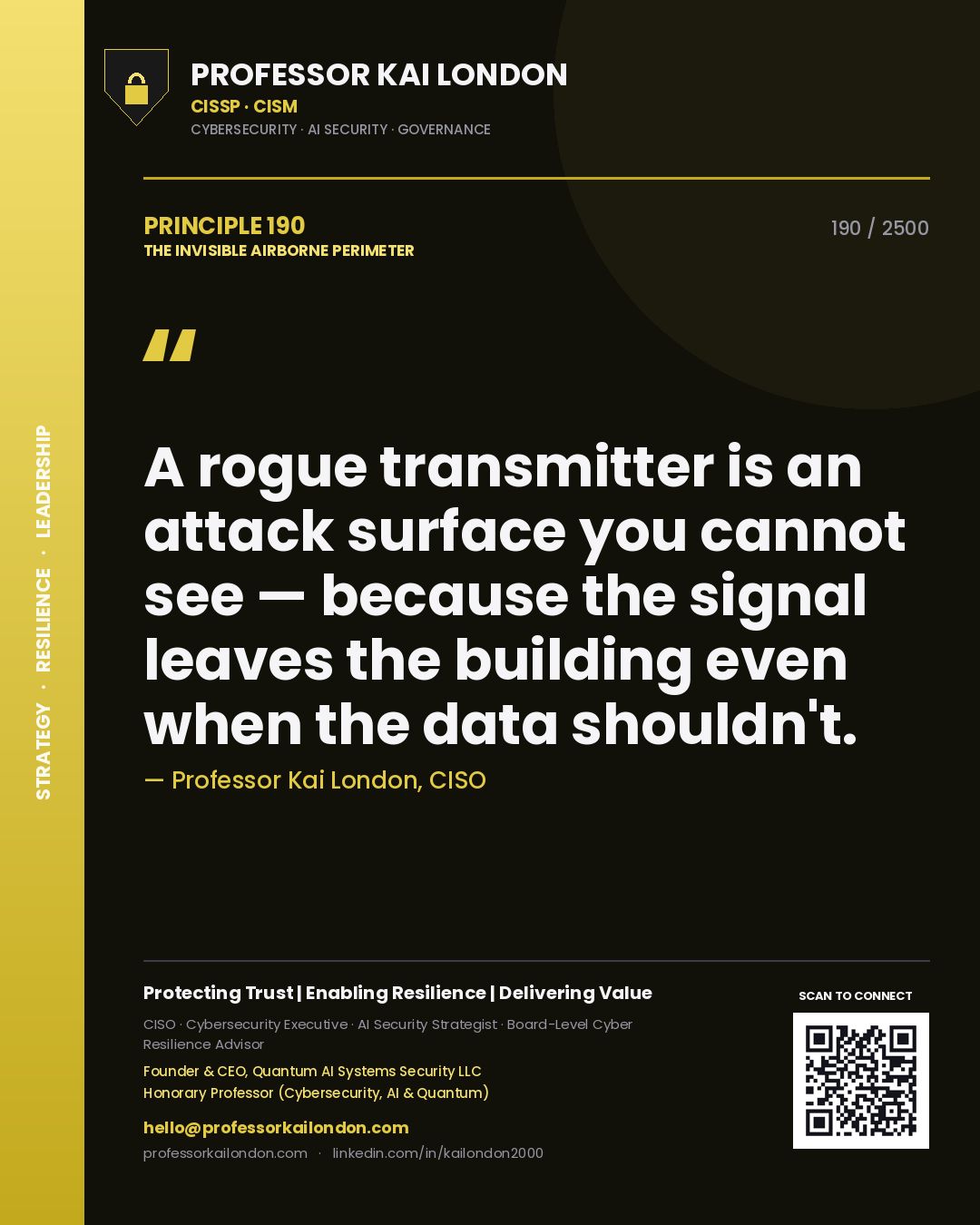 Quote card by Professor Kai London reading 'A rogue transmitter is an attack surface you cannot see — because the signal leaves the building even when the data shouldn't.'. From the book The Invisible Airborne Perimeter.