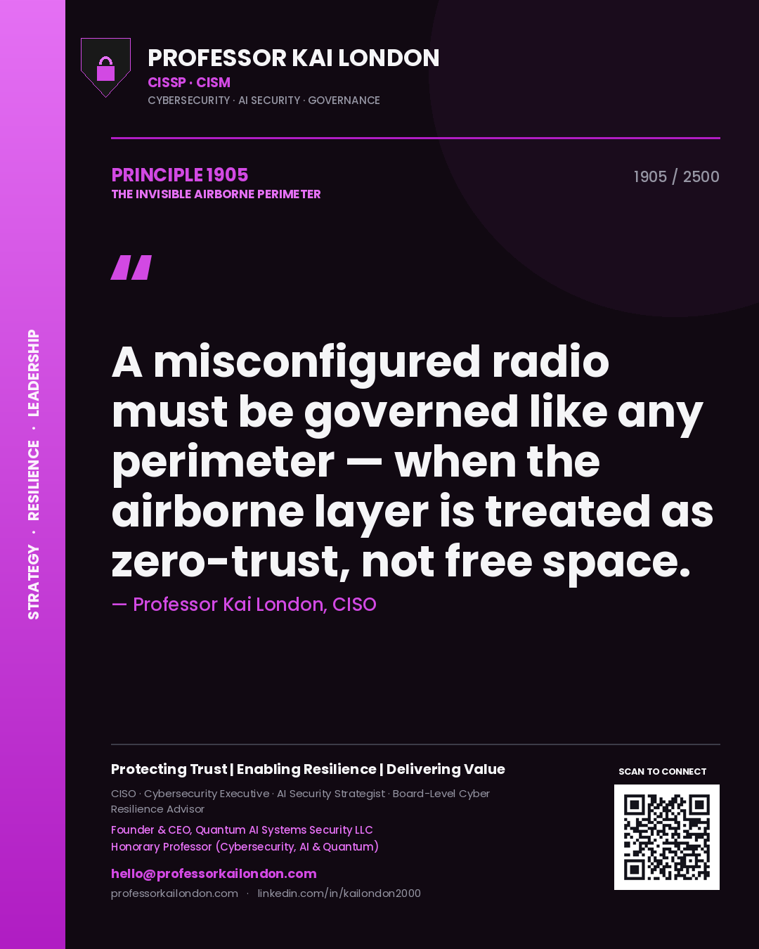 Quote card by Professor Kai London reading 'A misconfigured radio must be governed like any perimeter — when the airborne layer is treated as zero-trust, not free space.'. From the book The Invisible Airborne Perimeter.