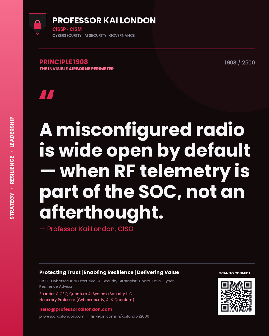 Quote card by Professor Kai London reading 'A misconfigured radio is wide open by default — when RF telemetry is part of the SOC, not an afterthought.'. From the book The Invisible Airborne Perimeter.
