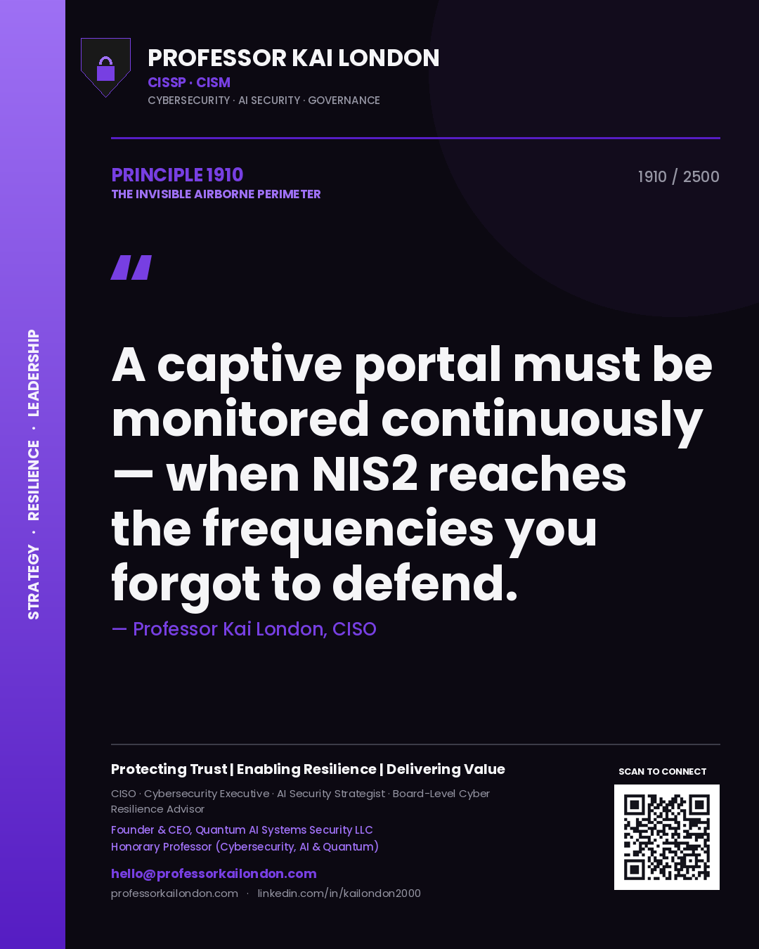 Quote card by Professor Kai London reading 'A captive portal must be monitored continuously — when NIS2 reaches the frequencies you forgot to defend.'. From the book The Invisible Airborne Perimeter.