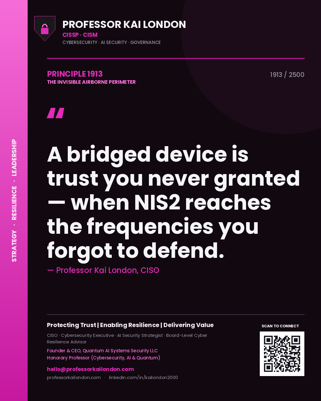 Quote card by Professor Kai London reading 'A bridged device is trust you never granted — when NIS2 reaches the frequencies you forgot to defend.'. From the book The Invisible Airborne Perimeter.