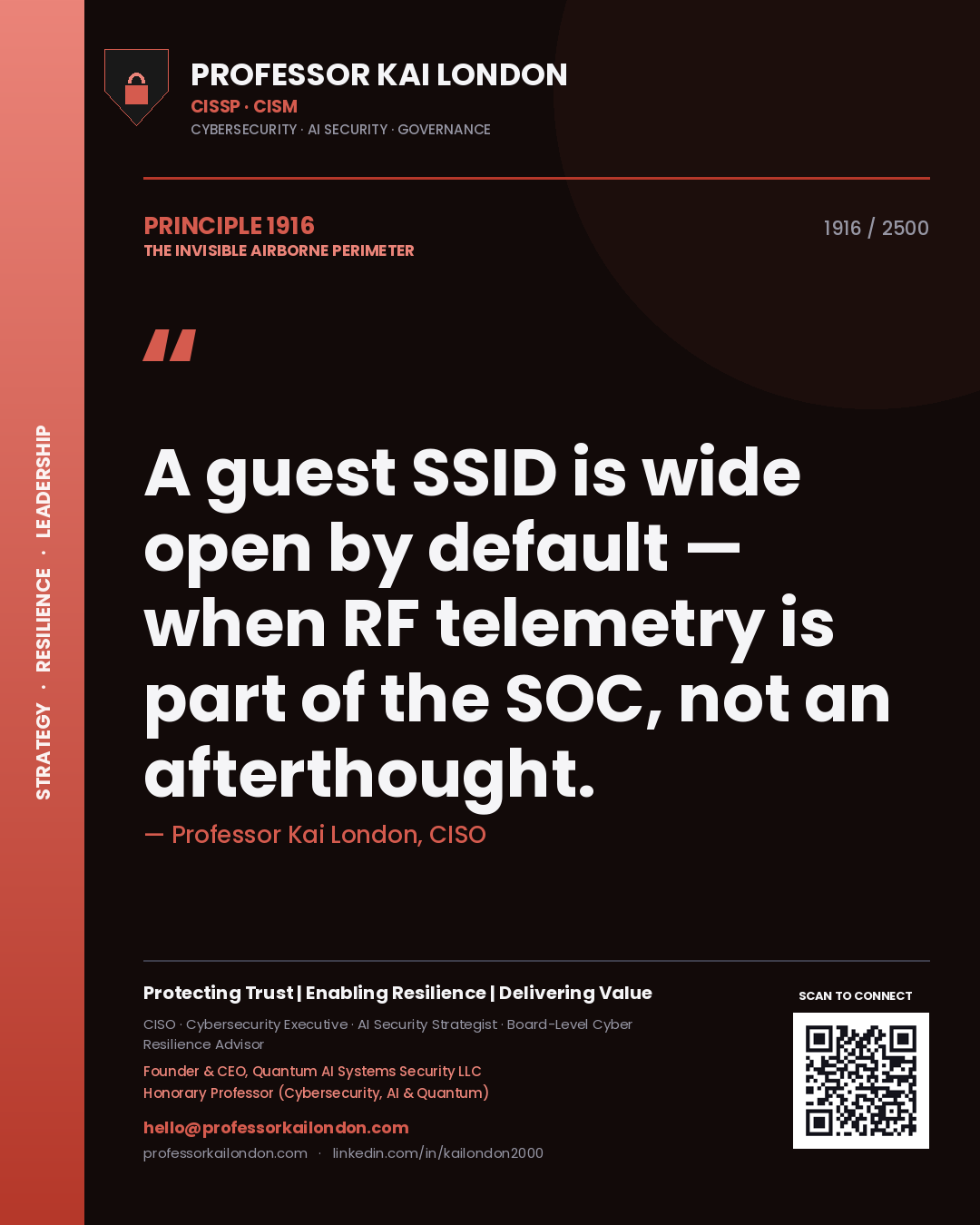 Quote card by Professor Kai London reading 'A guest SSID is wide open by default — when RF telemetry is part of the SOC, not an afterthought.'. From the book The Invisible Airborne Perimeter.
