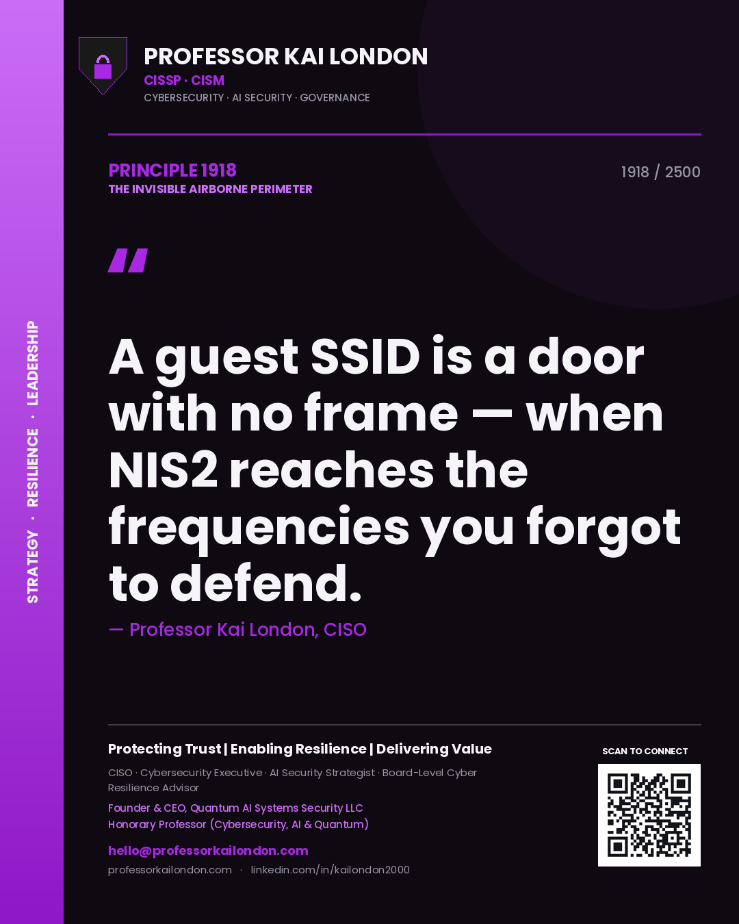 Quote card by Professor Kai London reading 'A guest SSID is a door with no frame — when NIS2 reaches the frequencies you forgot to defend.'. From the book The Invisible Airborne Perimeter.