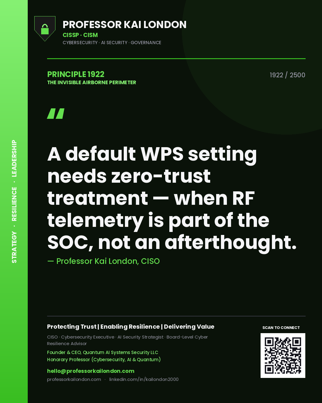 Quote card by Professor Kai London reading 'A default WPS setting needs zero-trust treatment — when RF telemetry is part of the SOC, not an afterthought.'. From the book The Invisible Airborne Perimeter.