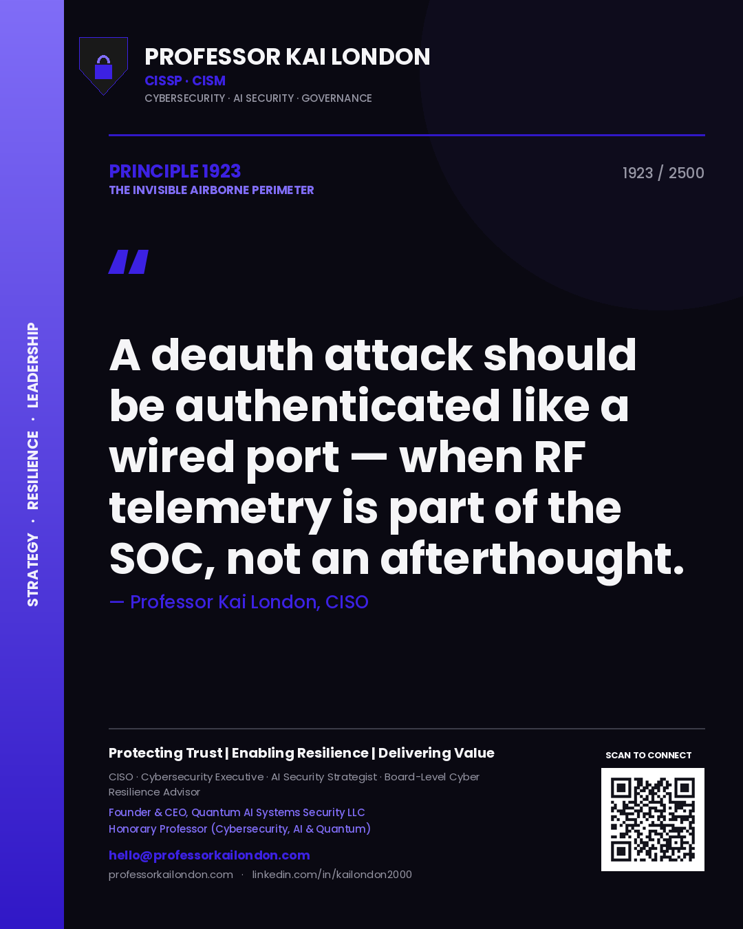 Quote card by Professor Kai London reading 'A deauth attack should be authenticated like a wired port — when RF telemetry is part of the SOC, not an afterthought.'. From the book The Invisible Airborne Perimeter.