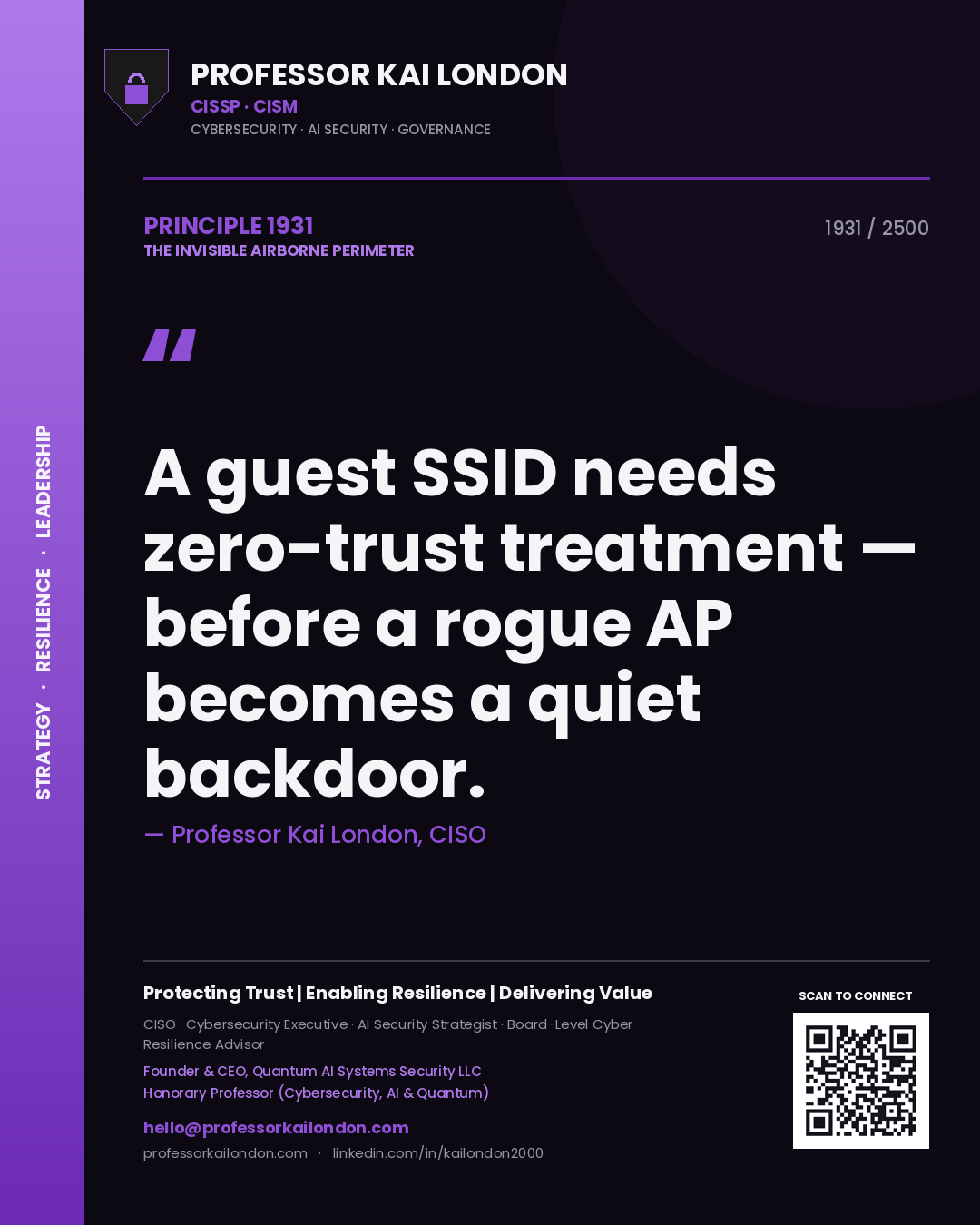 Quote card by Professor Kai London reading 'A guest SSID needs zero-trust treatment — before a rogue AP becomes a quiet backdoor.'. From the book The Invisible Airborne Perimeter.