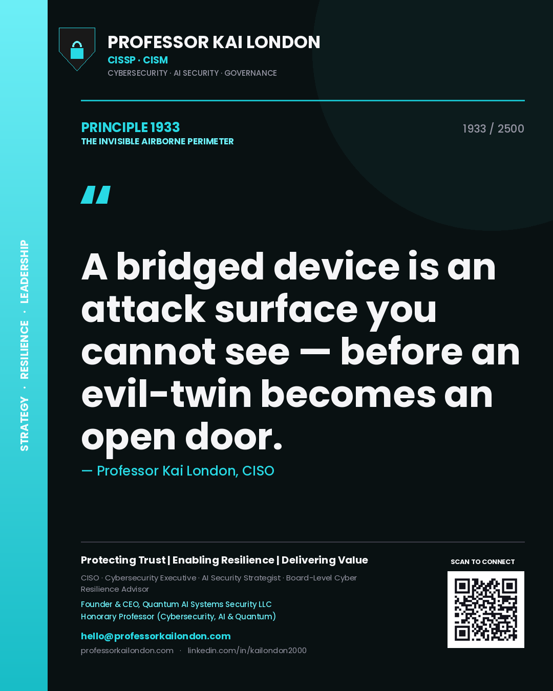 Professor Kai London principle 1933: A bridged device is an attack surface you cannot see — before an evil-twin becomes an open door.