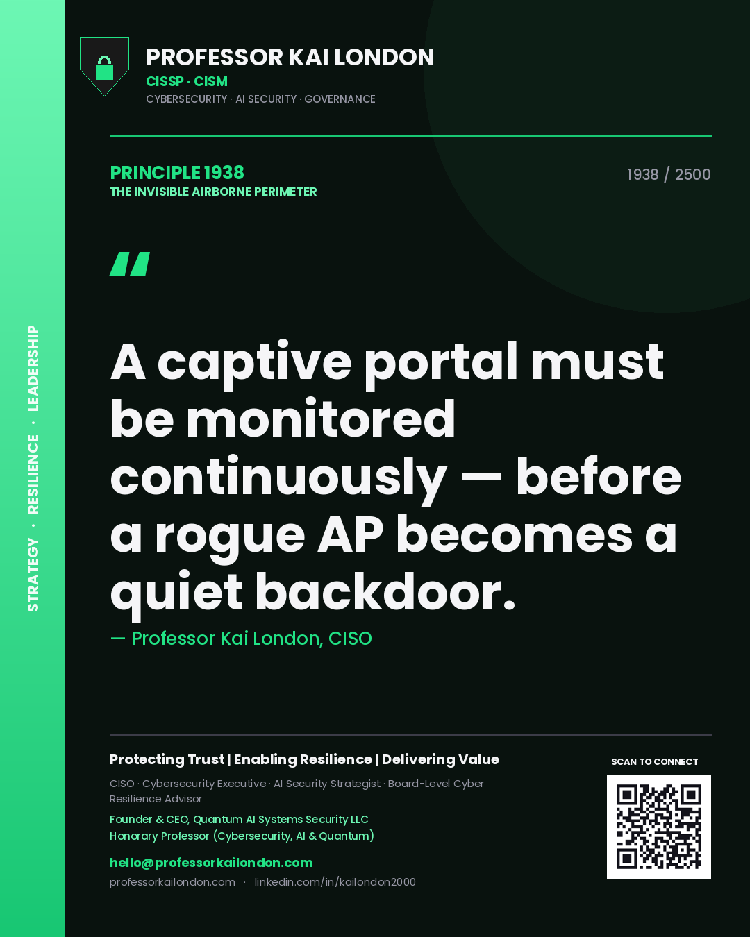 Quote card by Professor Kai London reading 'A captive portal must be monitored continuously — before a rogue AP becomes a quiet backdoor.'. From the book The Invisible Airborne Perimeter.