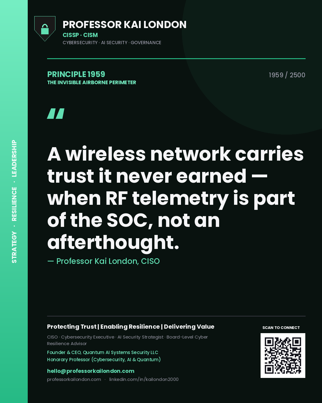 Quote card by Professor Kai London reading 'A wireless network carries trust it never earned — when RF telemetry is part of the SOC, not an afterthought.'. From the book The Invisible Airborne Perimeter.