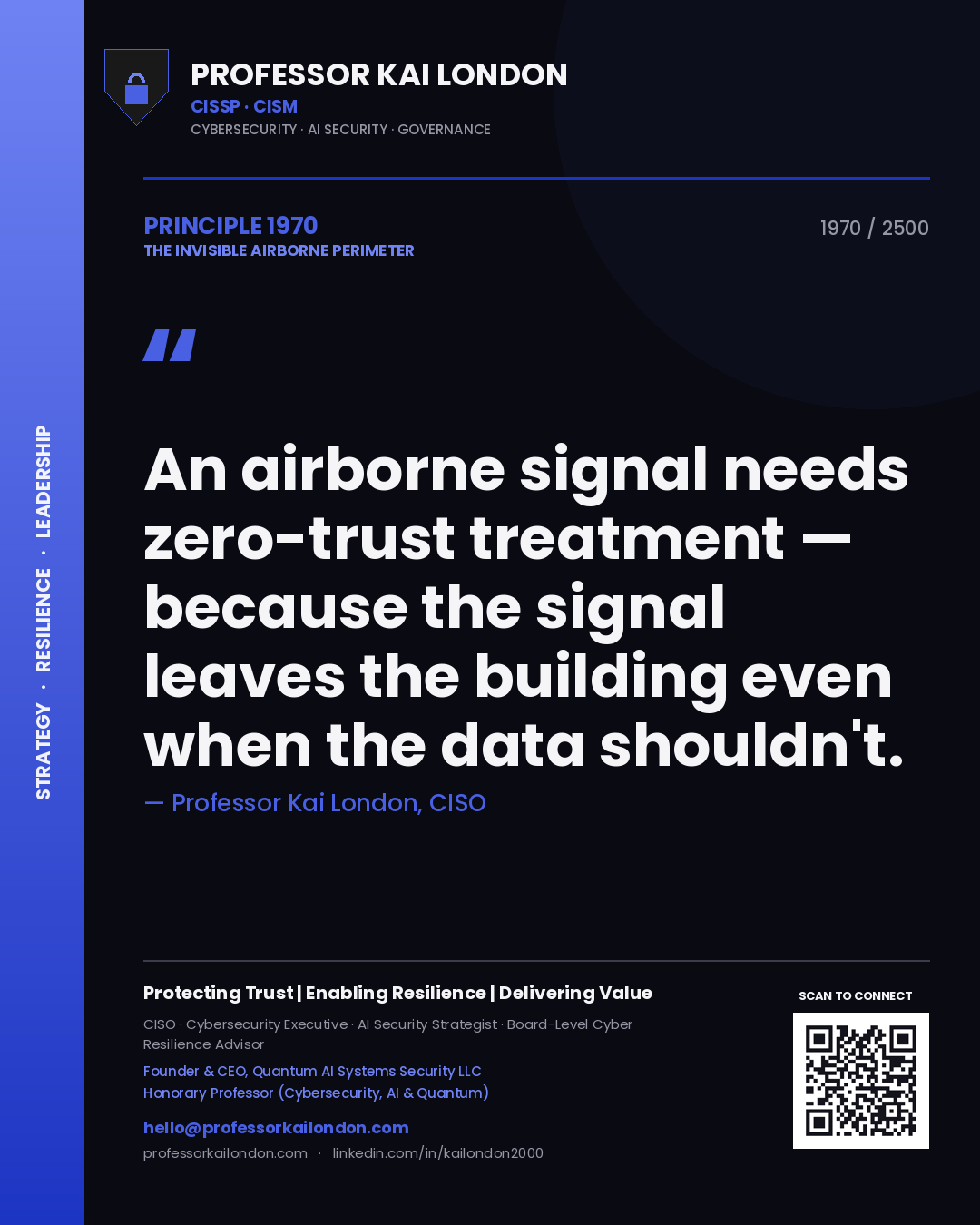 Professor Kai London principle 1970: An airborne signal needs zero-trust treatment — because the signal leaves the building even when the data shouldn't.