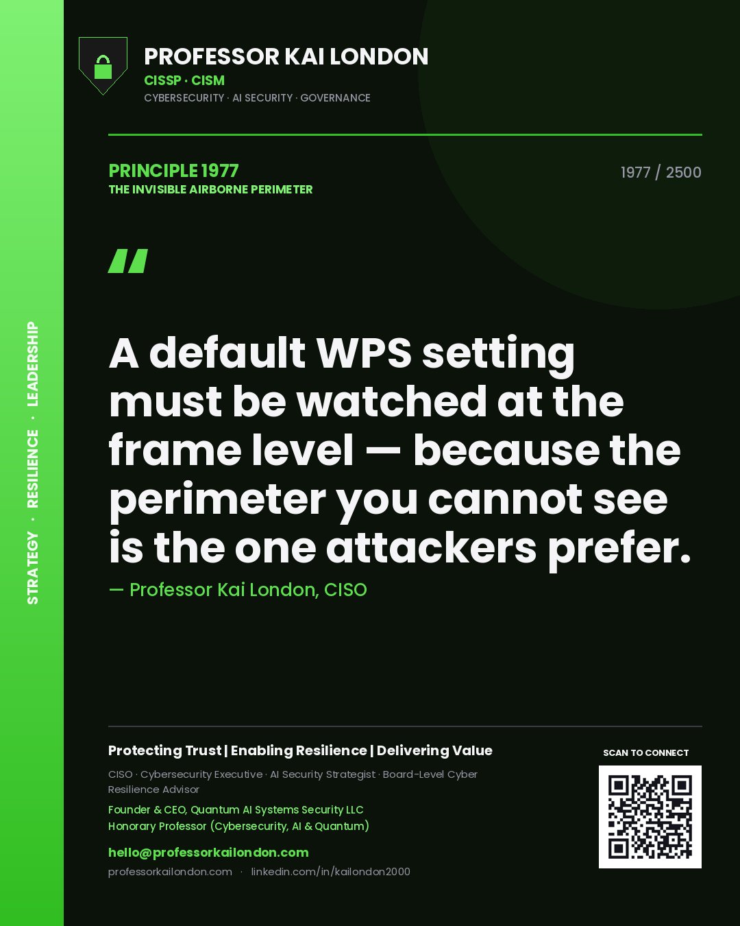 Quote card by Professor Kai London reading 'A default WPS setting must be watched at the frame level — because the perimeter you cannot see is the one attackers prefer.'. From the book The Invisible Airborne Perimeter.