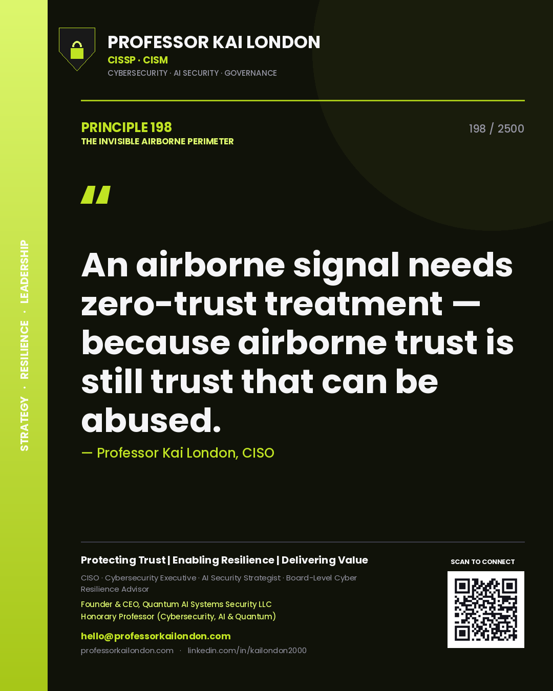Quote card by Professor Kai London reading 'An airborne signal needs zero-trust treatment — because airborne trust is still trust that can be abused.'. From the book The Invisible Airborne Perimeter.