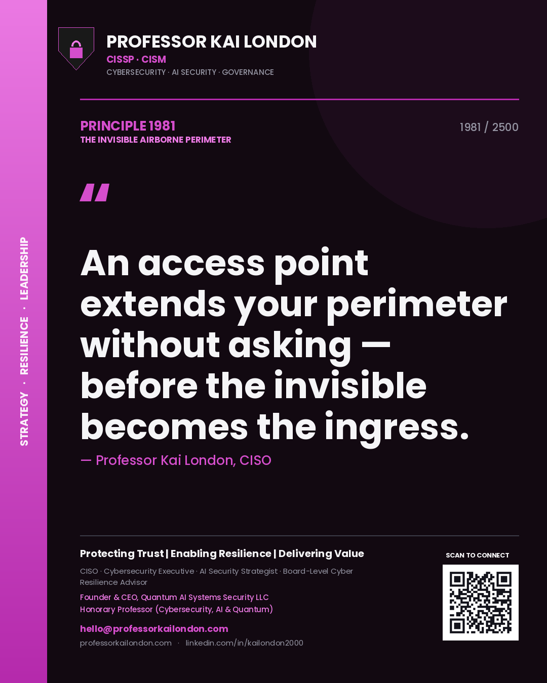 Quote card by Professor Kai London reading 'An access point extends your perimeter without asking — before the invisible becomes the ingress.'. From the book The Invisible Airborne Perimeter.