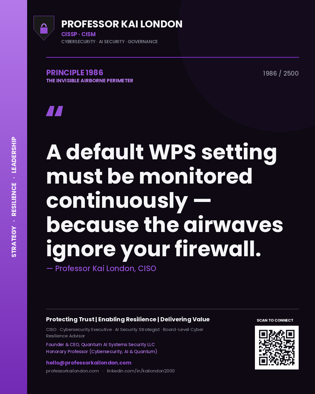 Quote card by Professor Kai London reading 'A default WPS setting must be monitored continuously — because the airwaves ignore your firewall.'. From the book The Invisible Airborne Perimeter.