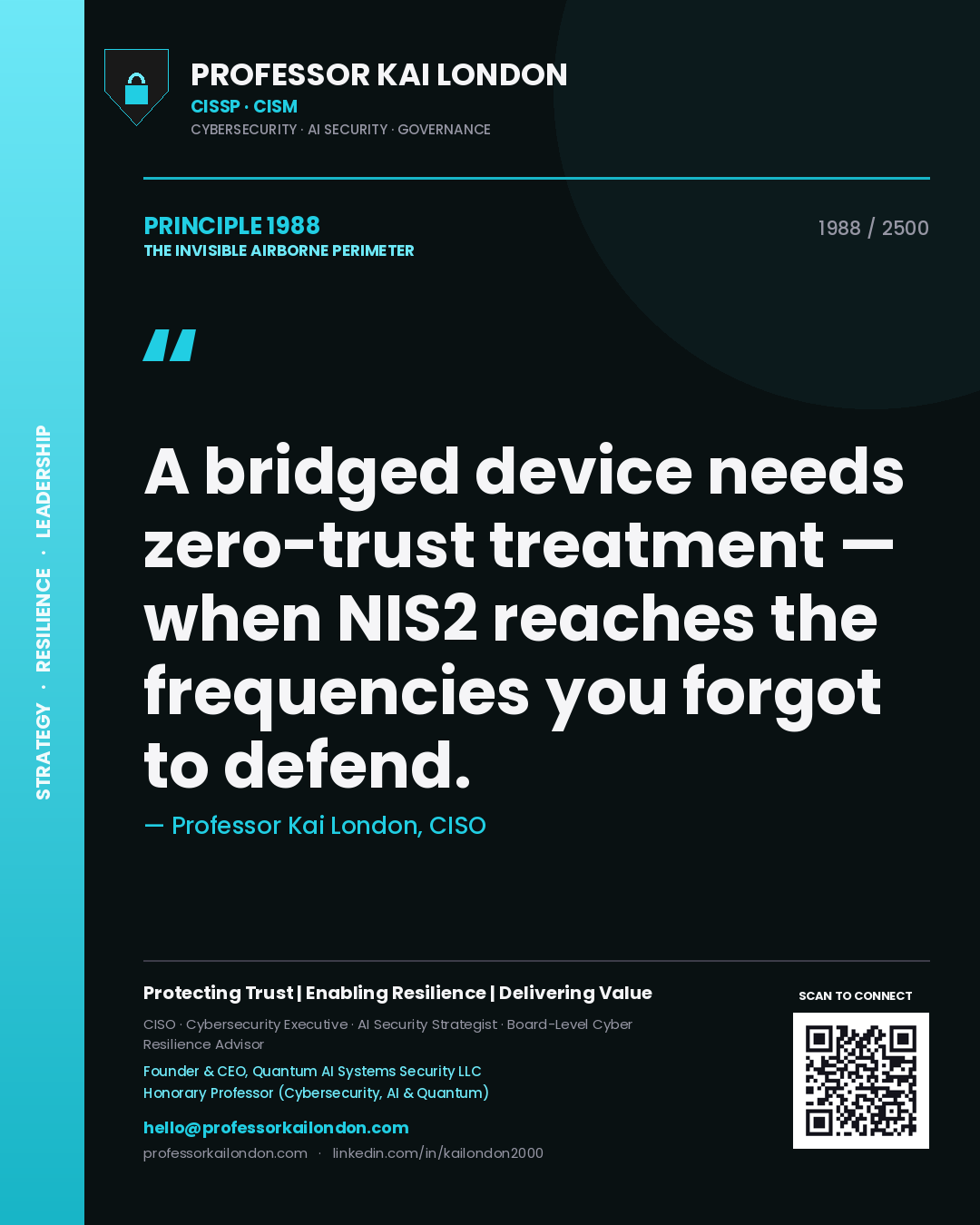 Quote card by Professor Kai London reading 'A bridged device needs zero-trust treatment — when NIS2 reaches the frequencies you forgot to defend.'. From the book The Invisible Airborne Perimeter.