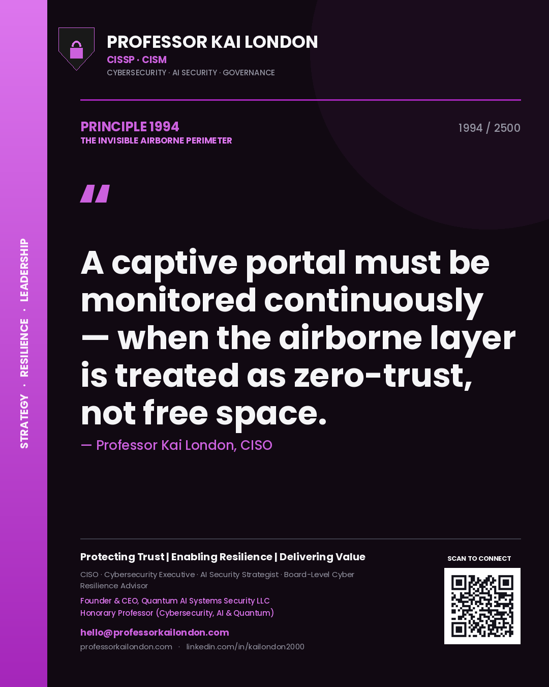 Quote card by Professor Kai London reading 'A captive portal must be monitored continuously — when the airborne layer is treated as zero-trust, not free space.'. From the book The Invisible Airborne Perimeter.