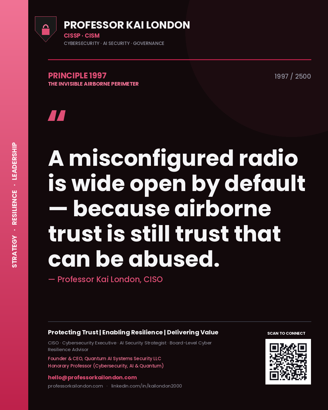 Quote card by Professor Kai London reading 'A misconfigured radio is wide open by default — because airborne trust is still trust that can be abused.'. From the book The Invisible Airborne Perimeter.