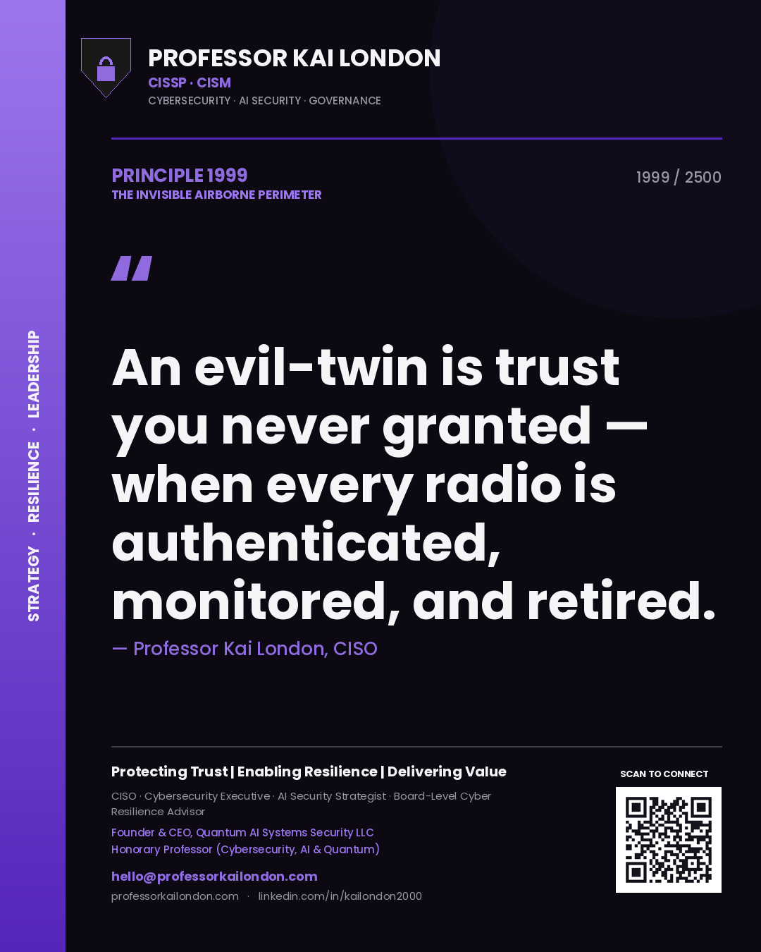 Quote card by Professor Kai London reading 'An evil-twin is trust you never granted — when every radio is authenticated, monitored, and retired.'. From the book The Invisible Airborne Perimeter.