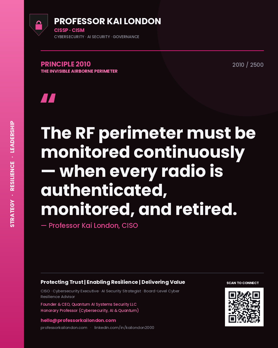 Professor Kai London principle 2010: The RF perimeter must be monitored continuously — when every radio is authenticated, monitored, and retired.