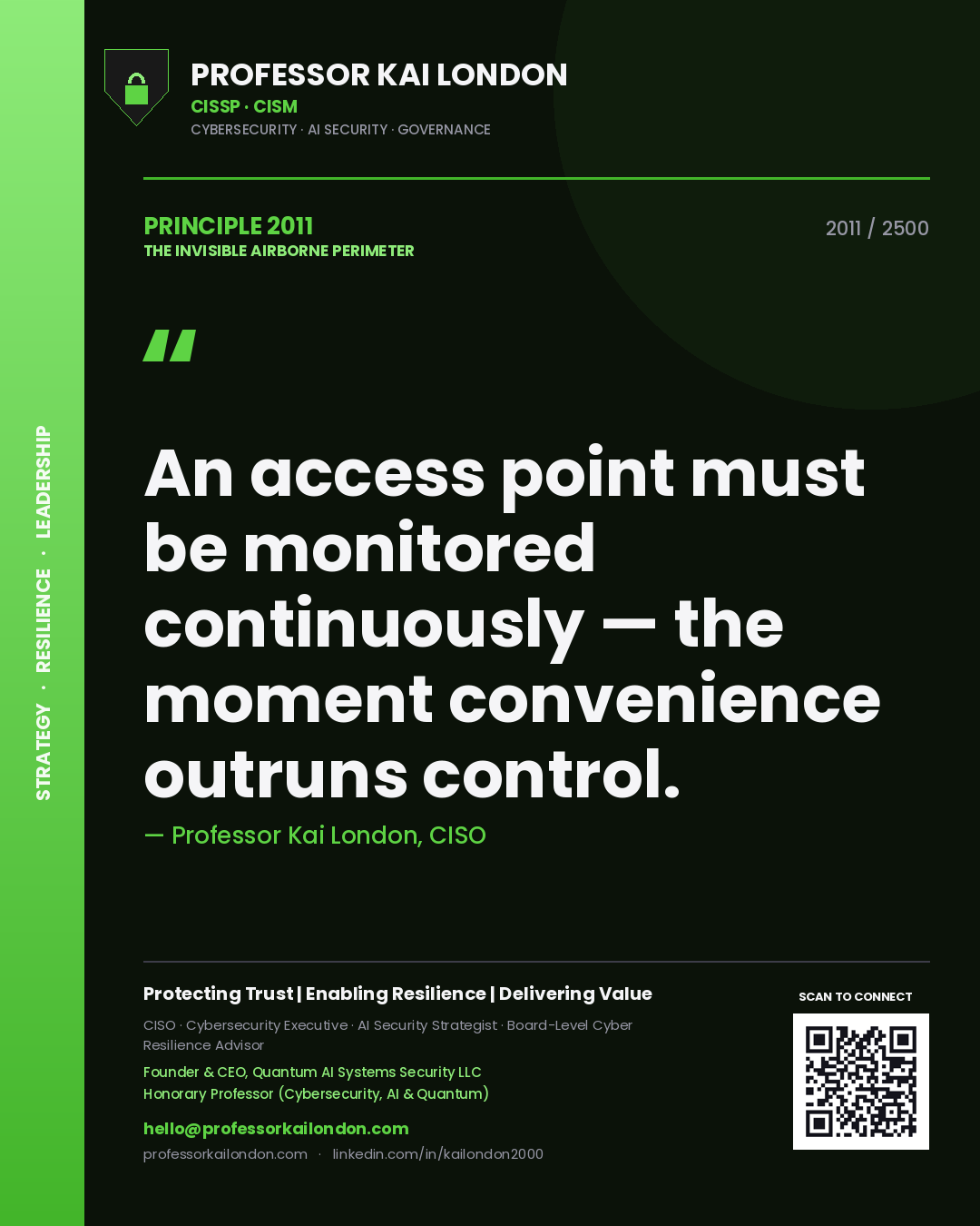 Quote card by Professor Kai London reading 'An access point must be monitored continuously — the moment convenience outruns control.'. From the book The Invisible Airborne Perimeter.