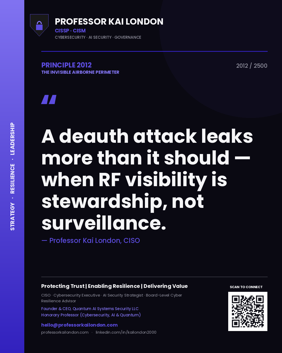 Quote card by Professor Kai London reading 'A deauth attack leaks more than it should — when RF visibility is stewardship, not surveillance.'. From the book The Invisible Airborne Perimeter.