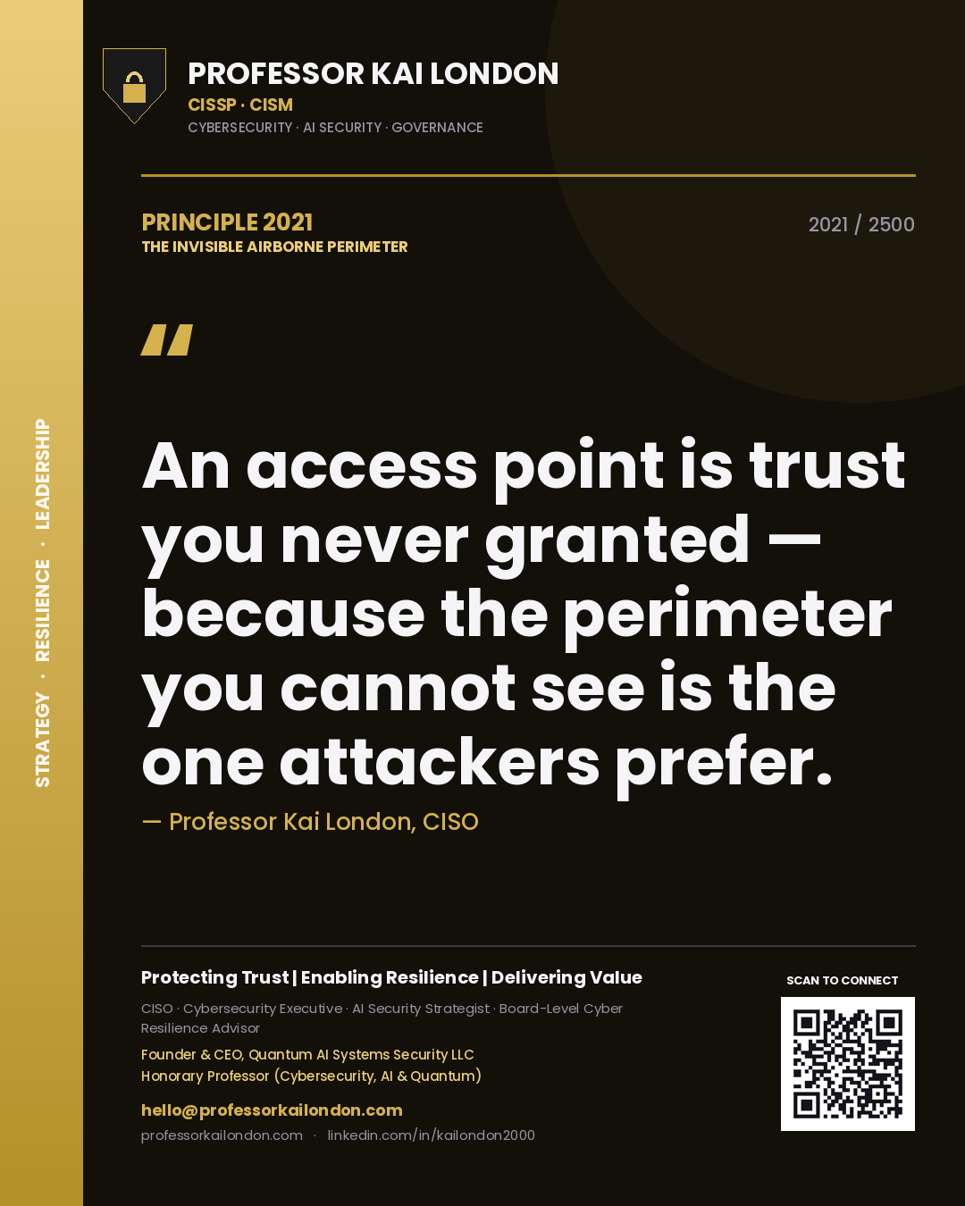 Quote card by Professor Kai London reading 'An access point is trust you never granted — because the perimeter you cannot see is the one attackers prefer.'. From the book The Invisible Airborne Perimeter.