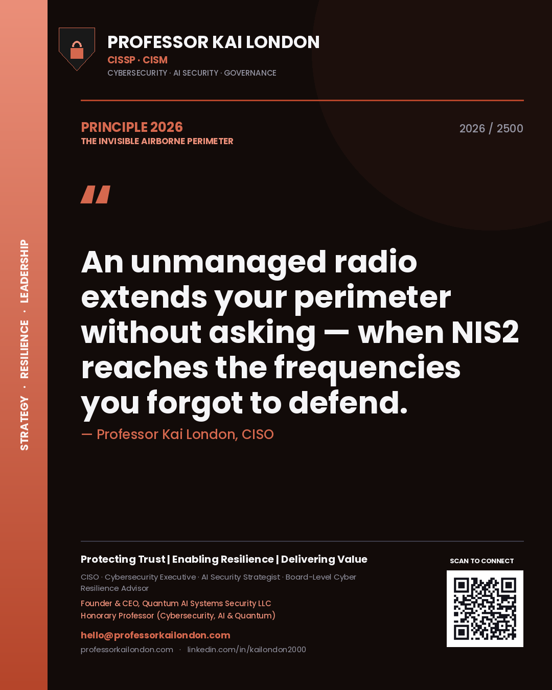 Quote card by Professor Kai London reading 'An unmanaged radio extends your perimeter without asking — when NIS2 reaches the frequencies you forgot to defend.'. From the book The Invisible Airborne Perimeter.