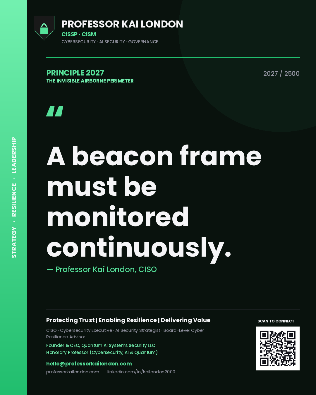 Quote card by Professor Kai London reading 'A beacon frame must be monitored continuously.'. From the book The Invisible Airborne Perimeter.