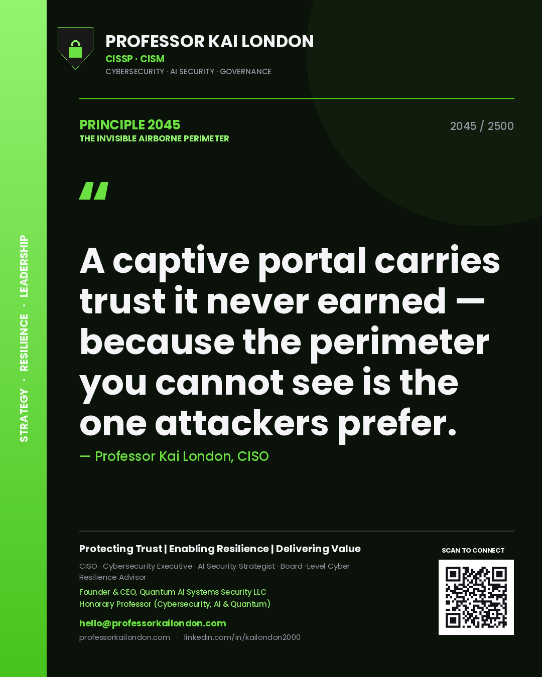 Quote card by Professor Kai London reading 'A captive portal carries trust it never earned — because the perimeter you cannot see is the one attackers prefer.'. From the book The Invisible Airborne Perimeter.