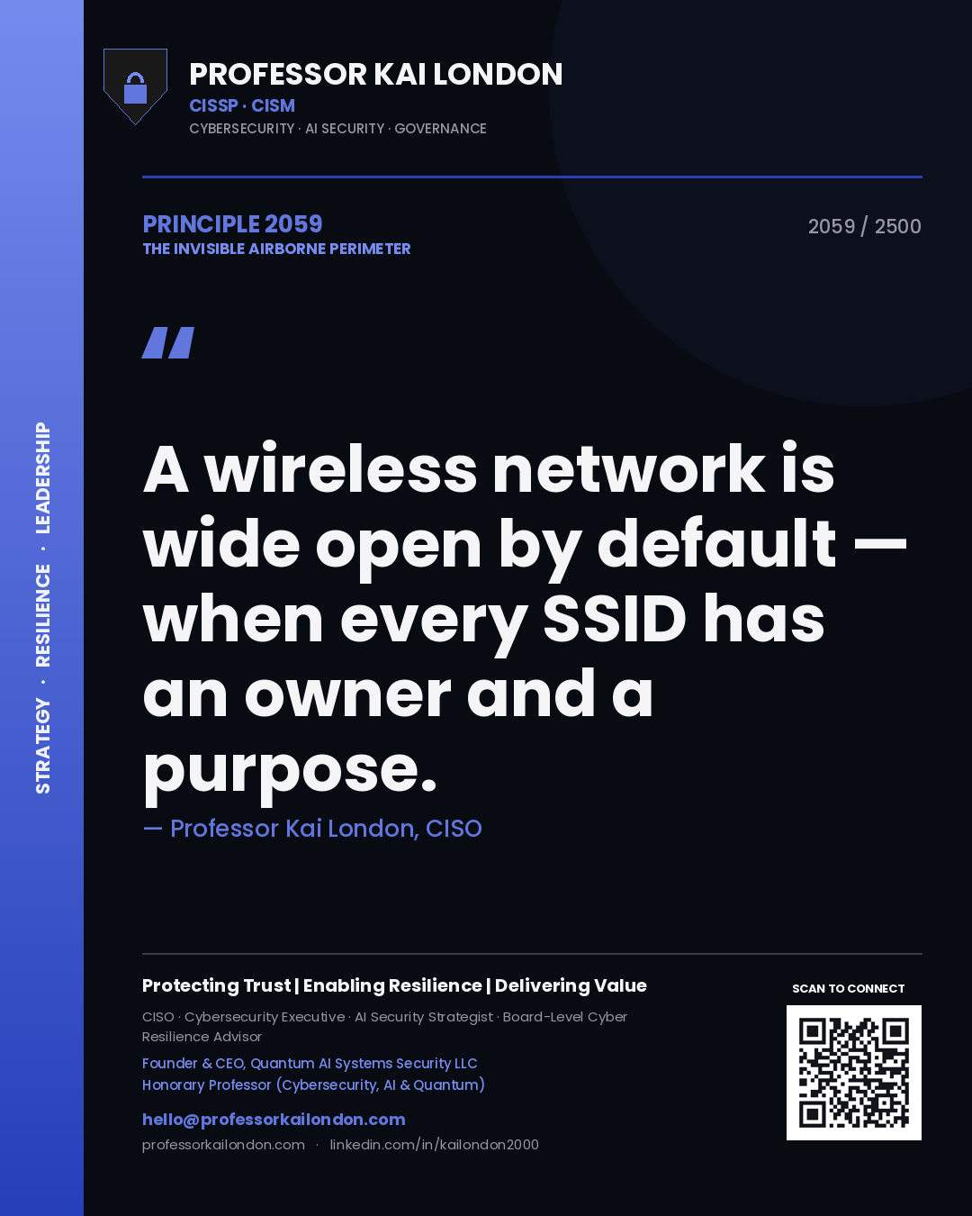 Quote card by Professor Kai London reading 'A wireless network is wide open by default — when every SSID has an owner and a purpose.'. From the book The Invisible Airborne Perimeter.