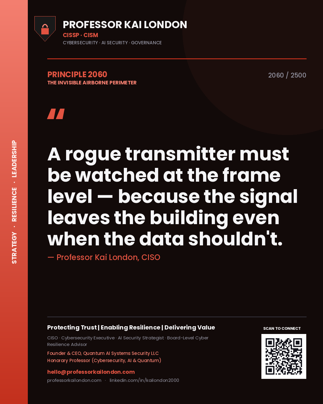Professor Kai London principle 2060: A rogue transmitter must be watched at the frame level — because the signal leaves the building even when the data shouldn't.