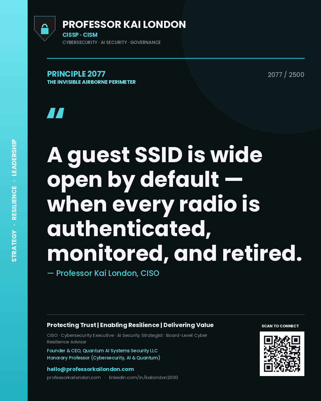 Professor Kai London principle 2077: A guest SSID is wide open by default — when every radio is authenticated, monitored, and retired.