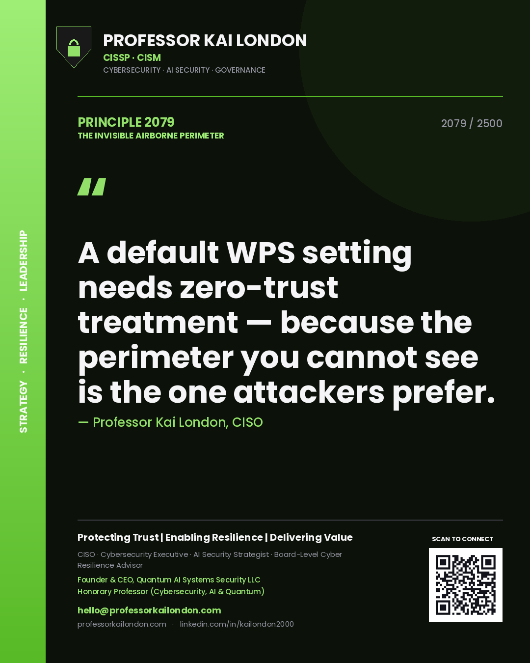 Professor Kai London principle 2079: A default WPS setting needs zero-trust treatment — because the perimeter you cannot see is the one attackers prefer.