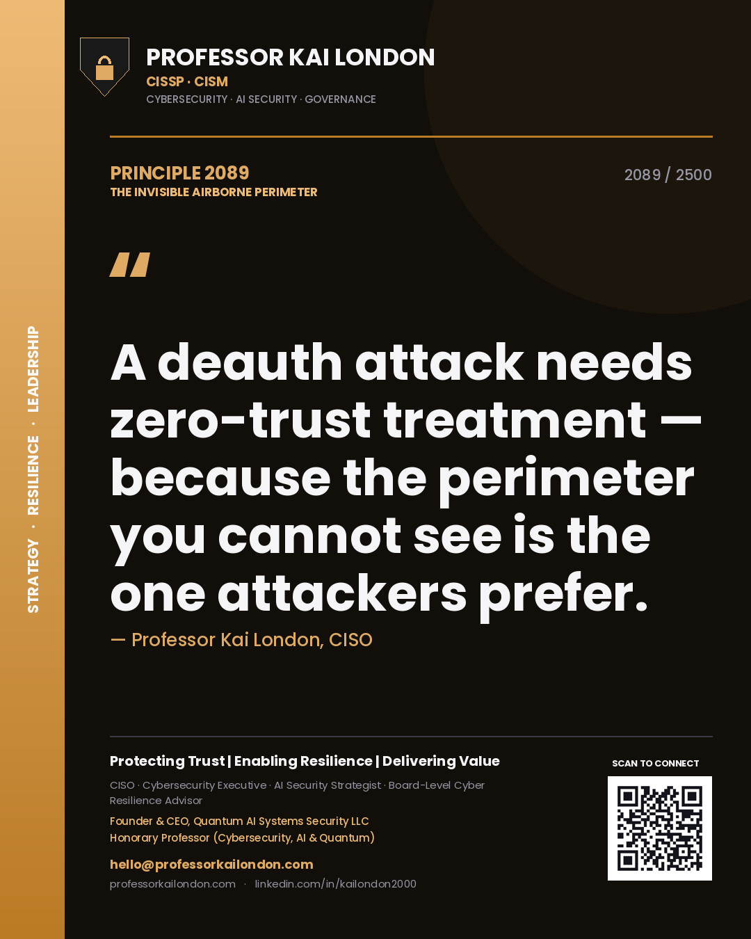 Quote card by Professor Kai London reading 'A deauth attack needs zero-trust treatment — because the perimeter you cannot see is the one attackers prefer.'. From the book The Invisible Airborne Perimeter.