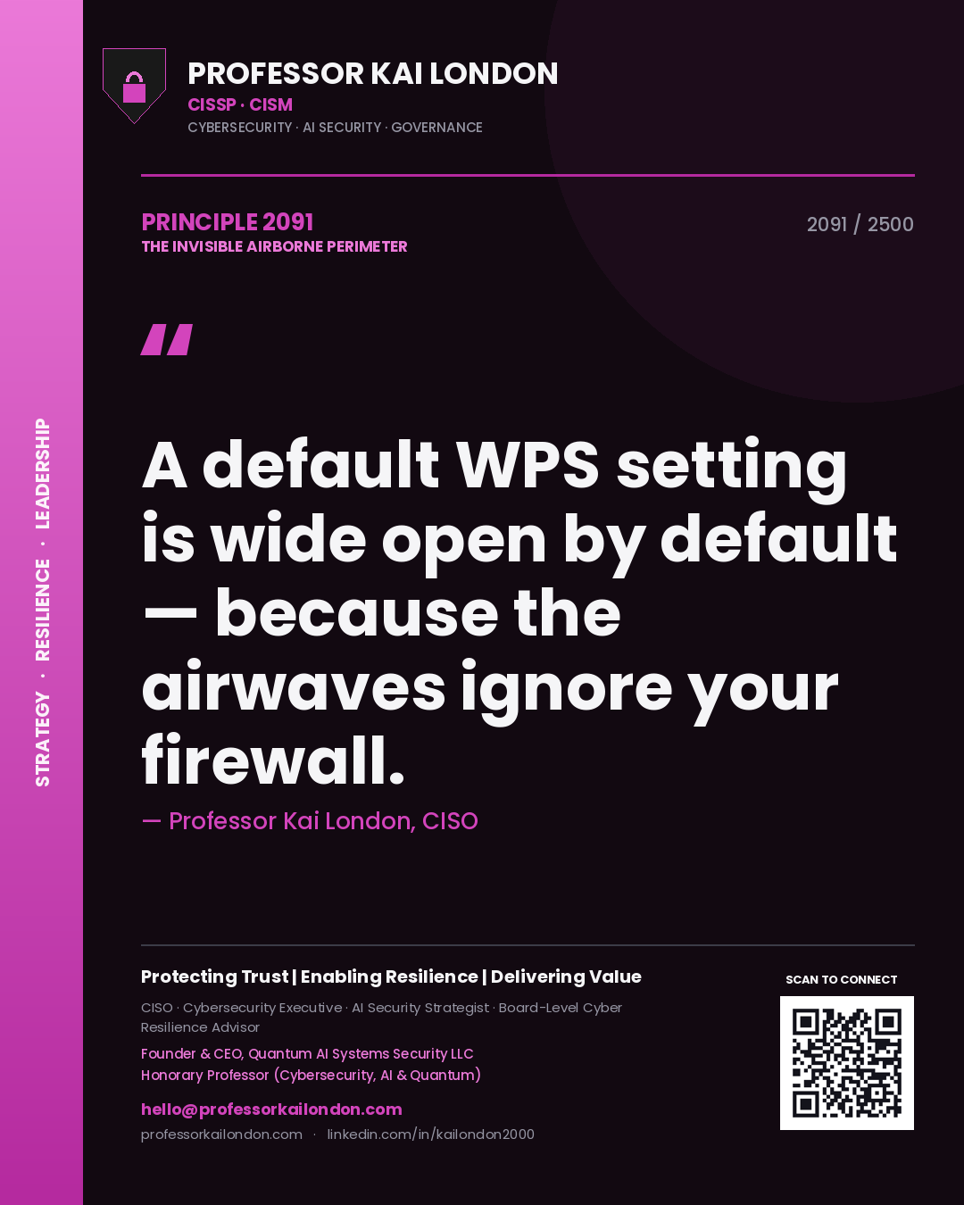 Quote card by Professor Kai London reading 'A default WPS setting is wide open by default — because the airwaves ignore your firewall.'. From the book The Invisible Airborne Perimeter.