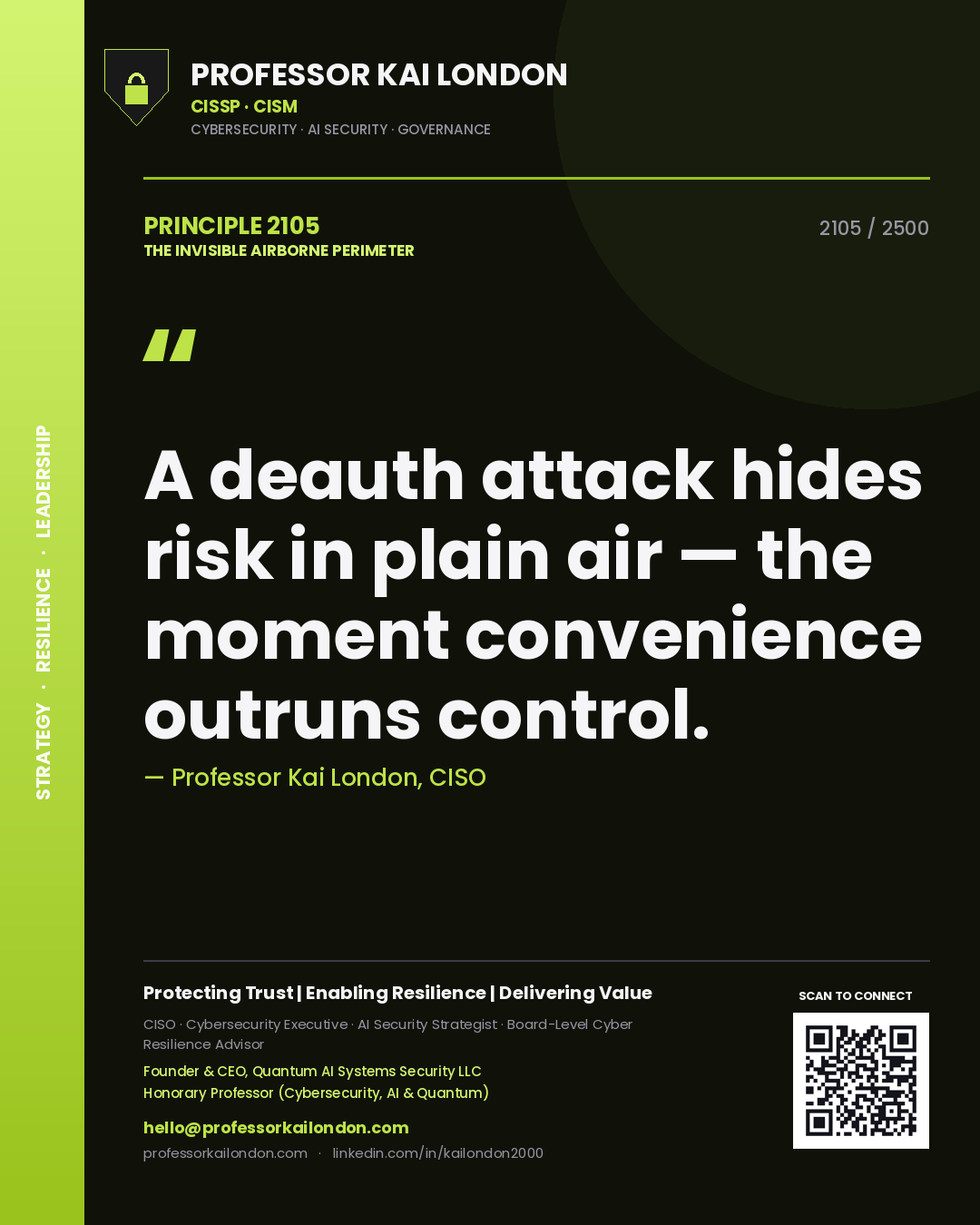 Quote card by Professor Kai London reading 'A deauth attack hides risk in plain air — the moment convenience outruns control.'. From the book The Invisible Airborne Perimeter.